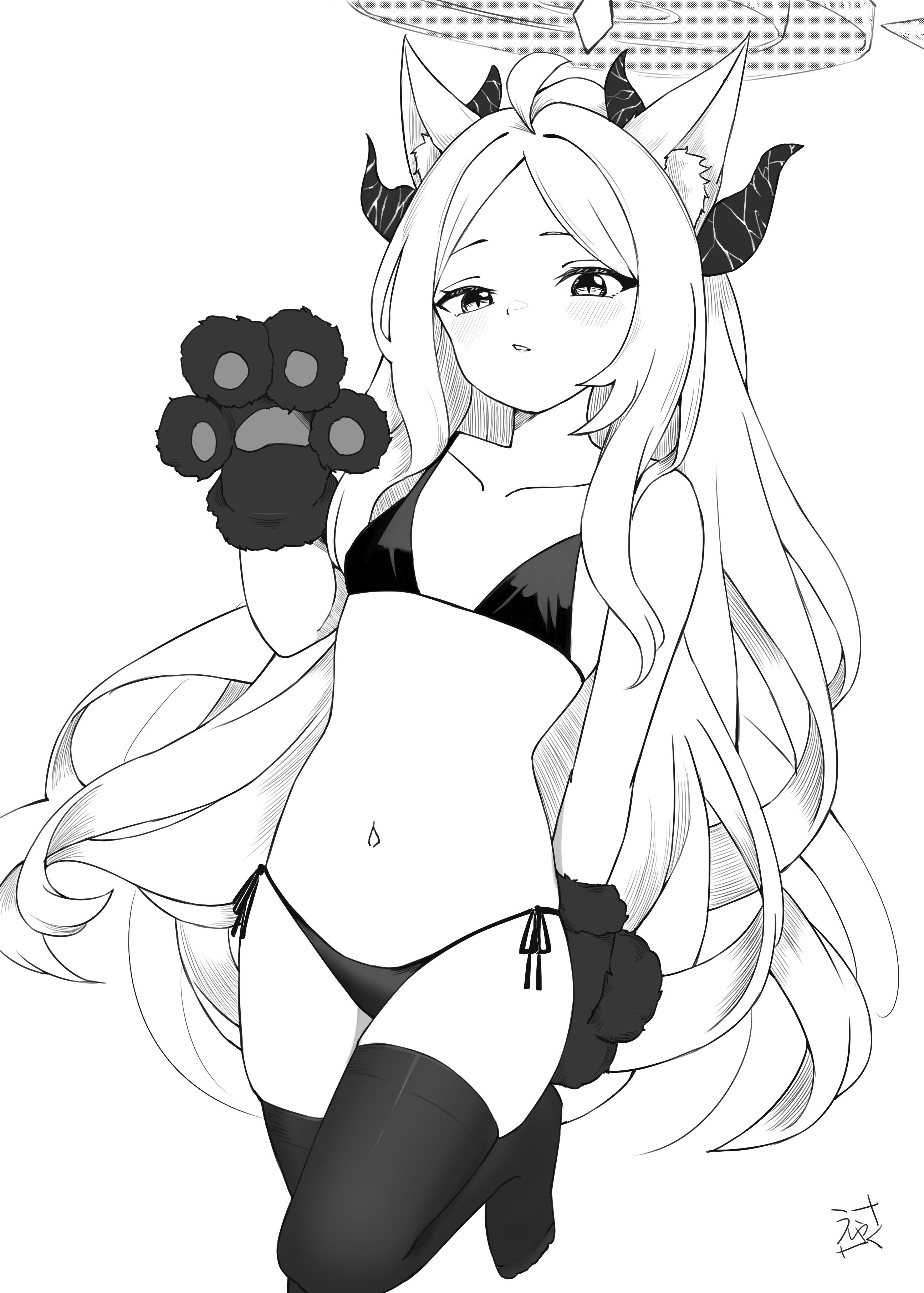 feza chen (ushaku), hina (blue archive), blue archive, absurdres, commentary request, highres, 1girl, ahoge, alternate costume, animal ear fluff, animal ears, animal hands, bikini, black bikini, blush, breasts, cat ears, collarbone, demon horns, foot out of frame, gloves, greyscale, halo, horns, kemonomimi mode, long hair, long sidelocks, looking at viewer, mechanical halo, monochrome, multiple horns, navel, open mouth, parted lips, paw gloves, side-tie bikini bottom, sidelocks, signature, simple background, small breasts, solo, standing, standing on one leg, stomach, string bikini, swimsuit, thighhighs, very long hair, white background