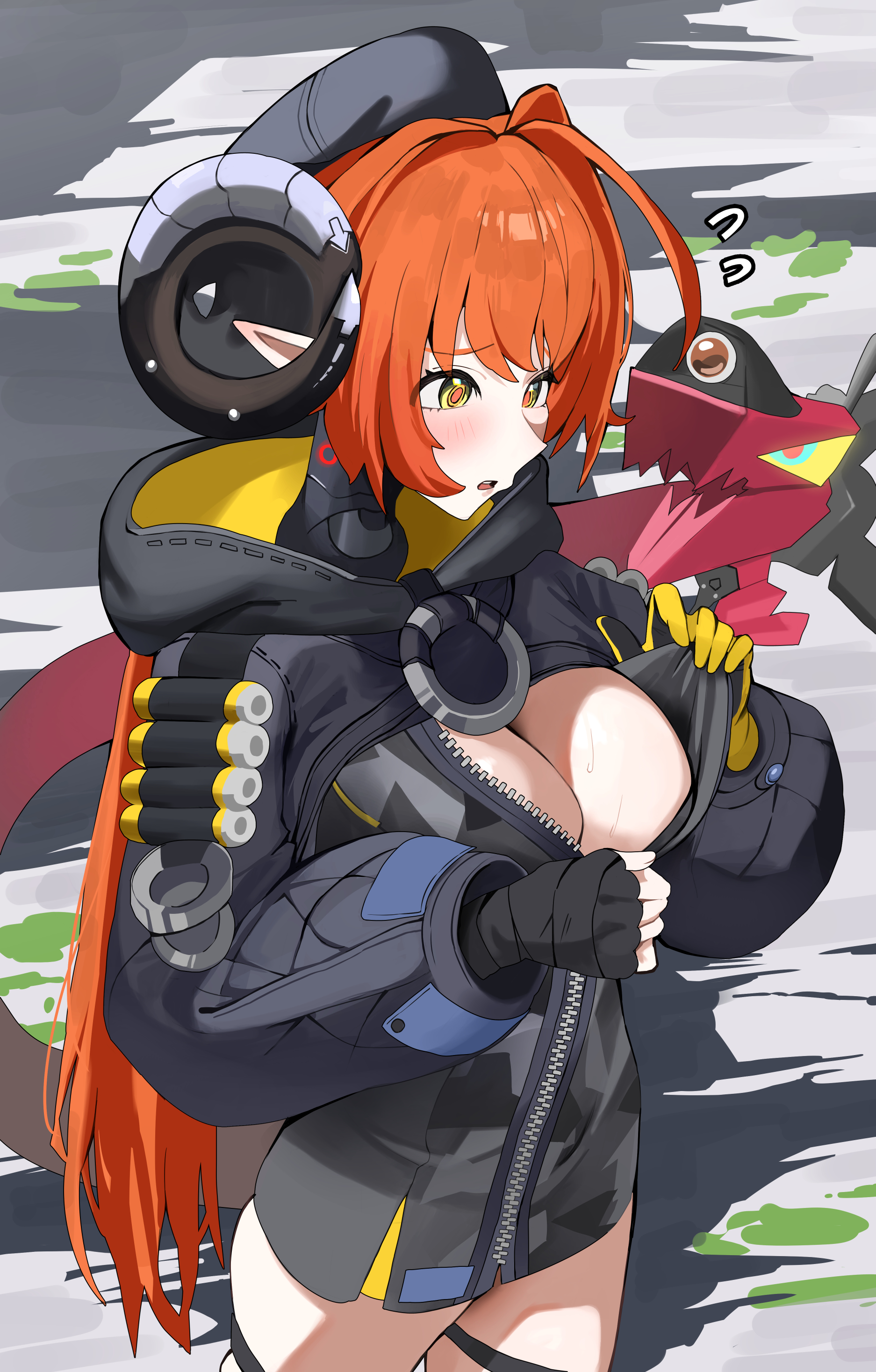 shimotsukirinoa, magus (zenless zone zero), orphie magnusson, zenless zone zero, absurdres, highres, 2girls, black gloves, black hat, blush, breasts, gloves, goat horns, green eyes, hat, horns, large breasts, multiple girls, orange hair, pointy ears, shrug (clothing), tail, twintails, yellow eyes, yellow gloves