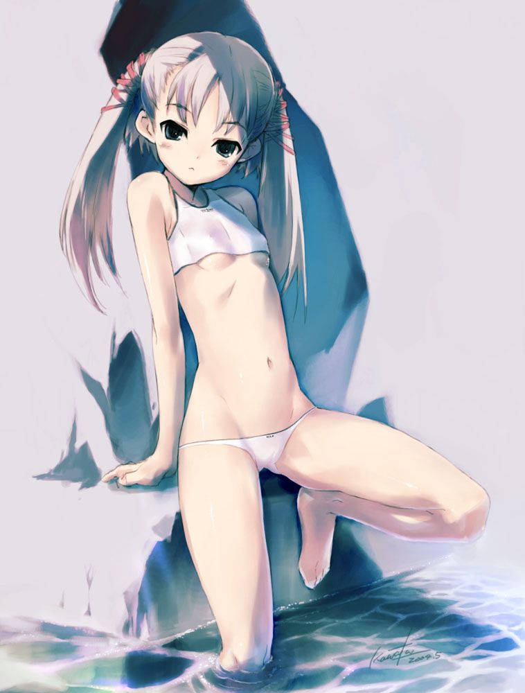 kawata hisashi, original, silver hair, :<, arm support, barefoot, bikini, breasts, feet, flat chest, green eyes, leaning back, loli, long hair, lowleg, lowleg bikini, midriff, navel, solo, swimsuit, tsurime, twintails, underboob, wading, wading pool, water