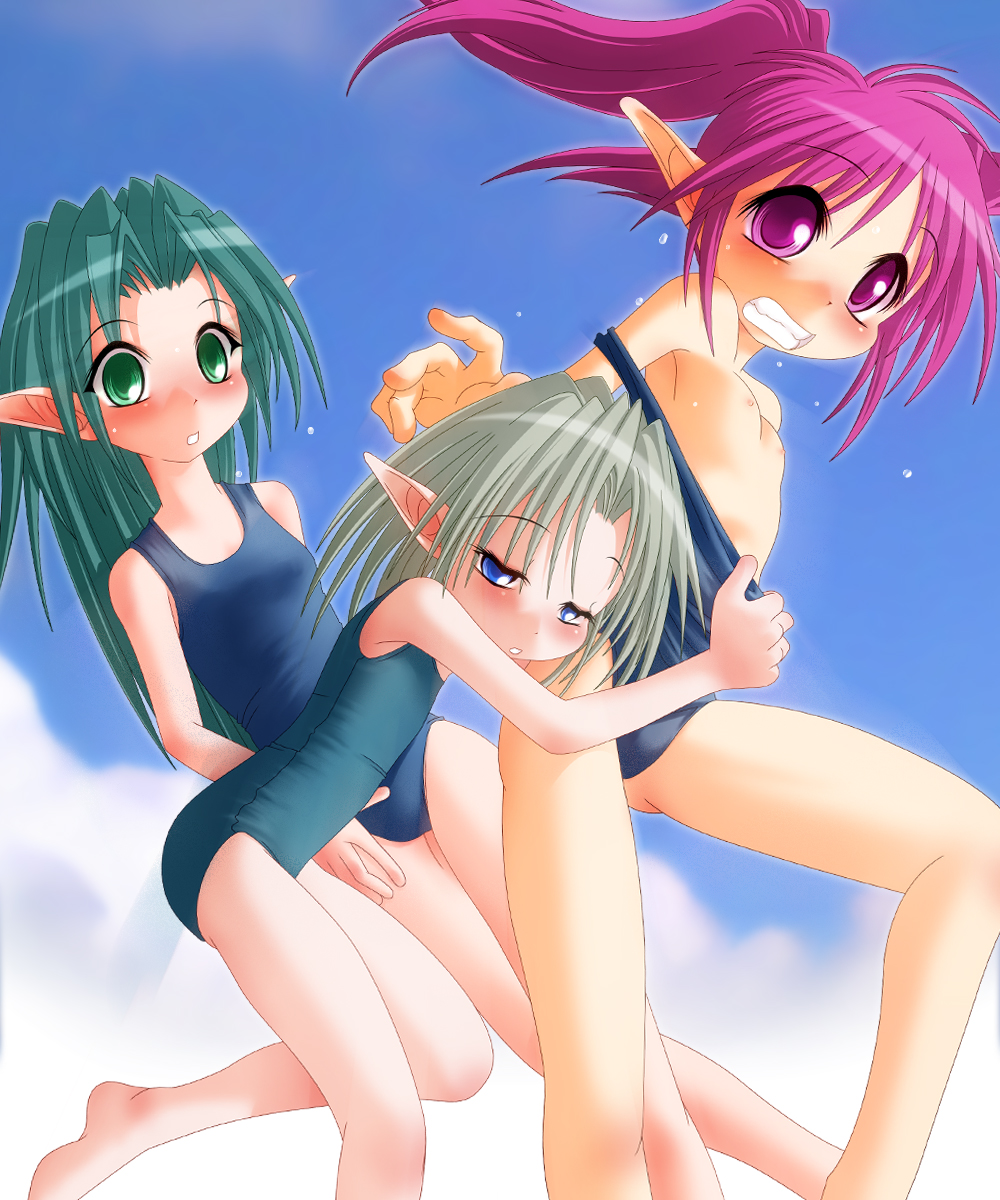 highres, tagme, 3girls, multiple girls, pointy ears, swimsuit