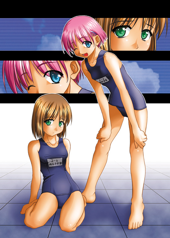 artist request, character request, copyright request, 2girls, barefoot, blue eyes, blue one-piece swimsuit, blue school swimsuit, breasts, brown hair, cloud, collarbone, embarrassed, green eyes, hands on own knees, leaning forward, looking at viewer, multiple girls, name tag, one-piece swimsuit, one eye closed, open mouth, pink hair, school swimsuit, short hair, sitting, sky, small breasts, smile, standing, swimsuit, teeth, wink