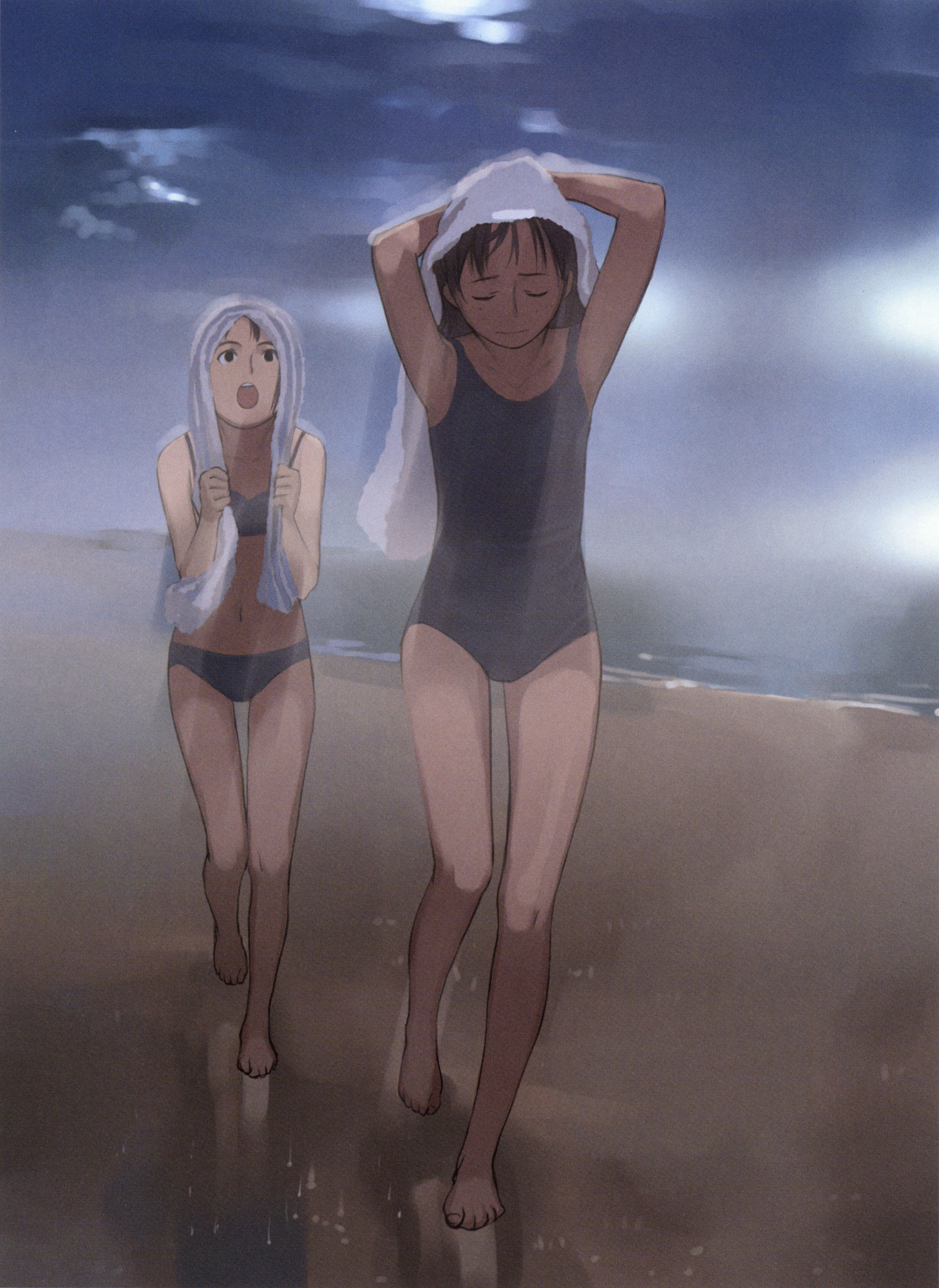takamichi, highres, 2girls, arms up, bare legs, barefoot, beach, bikini, black one-piece swimsuit, blue bikini, brown hair, closed eyes, female focus, freckles, multiple girls, navel, ocean, one-piece swimsuit, open mouth, outdoors, rain, school swimsuit, swimsuit, towel