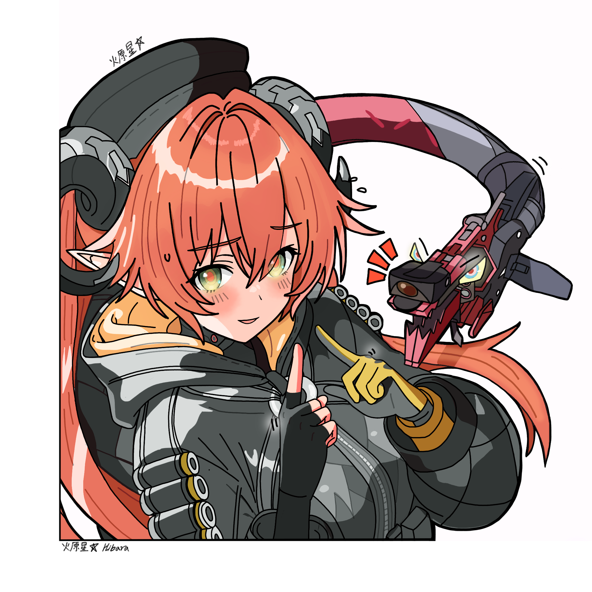 magus (zenless zone zero), orphie magnusson, zenless zone zero, highres, 2girls, black hat, breasts, english text, gloves, goat horns, green eyes, hat, hibarakirari, horns, large breasts, long hair, looking at viewer, multiple girls, orange hair, signature, twintails