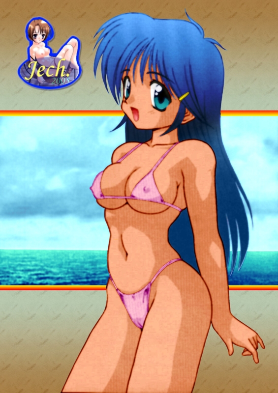 artist request, character request, copyright request, 00s, 2005, 2girls, aqua eyes, barefoot, bikini, blue hair, blush, breasts, brown eyes, brown hair, cleavage, cloud, collarbone, covered erect nipples, dark skin, hair ornament, hairclip, long hair, looking at viewer, medium breasts, multiple girls, navel, nipples, nude, ocean, open mouth, pink bikini, short hair, sitting, sky, smile, standing, swimsuit, underboob, water