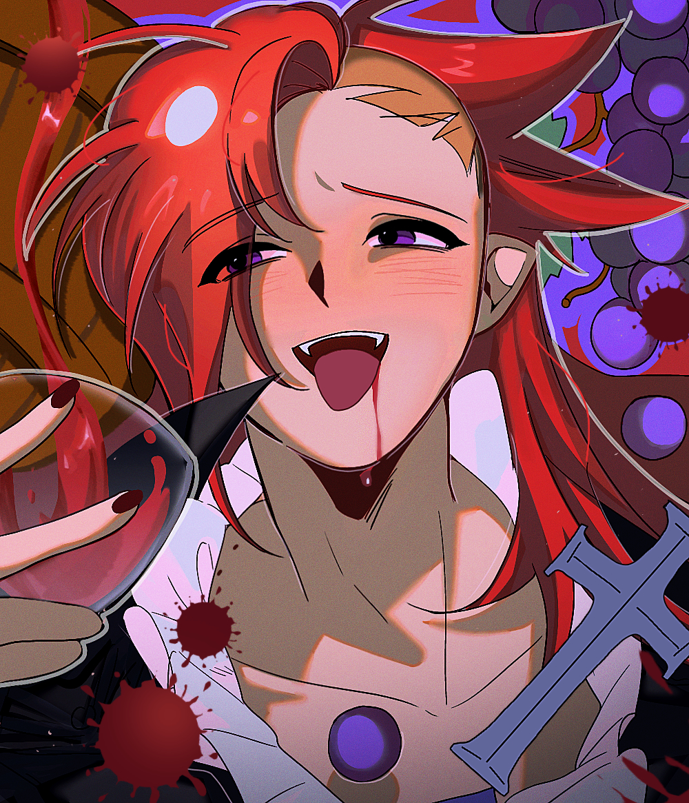 ponong, vampire cookie, cookie run, commentary, symbol-only commentary, 1boy, :d, alcohol, asymmetrical hair, black shirt, cross, cup, drinking glass, eyes visible through hair, facing viewer, fangs, film grain, food, frilled shirt, frills, fruit, grapes, hair behind ear, hair between eyes, hair over one eye, hand up, holding, holding cup, humanization, long hair, looking to the side, male focus, nail polish, one eye covered, open mouth, outline, pointy ears, portrait, purple eyes, purple outline, raised inner eyebrows, red background, red hair, red nails, red wine, shirt, sidecut, simple background, smile, solo, straight-on, teeth, tongue, tongue out, undercut, upper teeth only, wine, wine glass