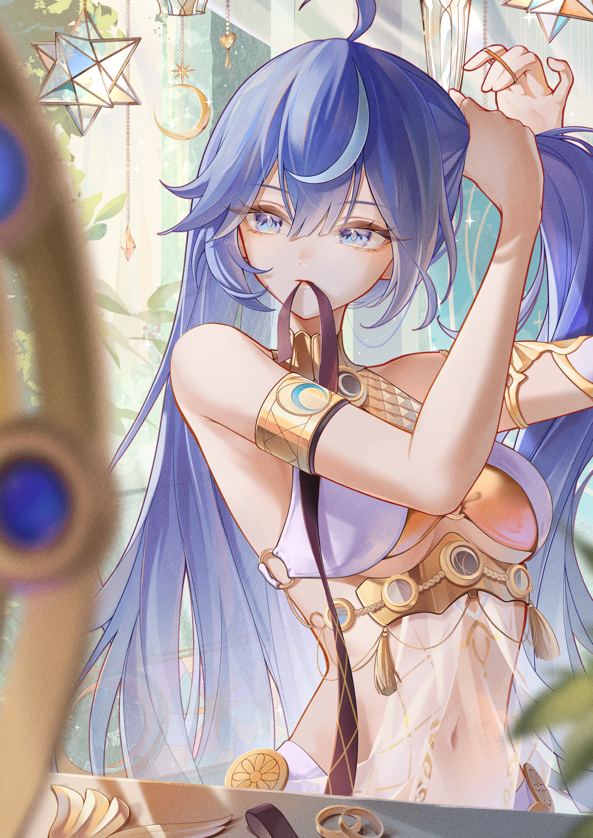 chigusa7h, iuno (wuthering waves), wuthering waves, absurdres, commentary, highres, 1girl, ahoge, ancient greek clothes, armlet, bare shoulders, blue eyes, blue hair, blurry, blurry foreground, breasts, gold bra, greco-roman clothes, hair ornament, hair tie in mouth, jewelry, long hair, looking afar, medium breasts, mouth hold, multicolored hair, navel, solo, streaked hair, twintails, tying hair, underboob, unworn hair ornament, upper body, very long hair