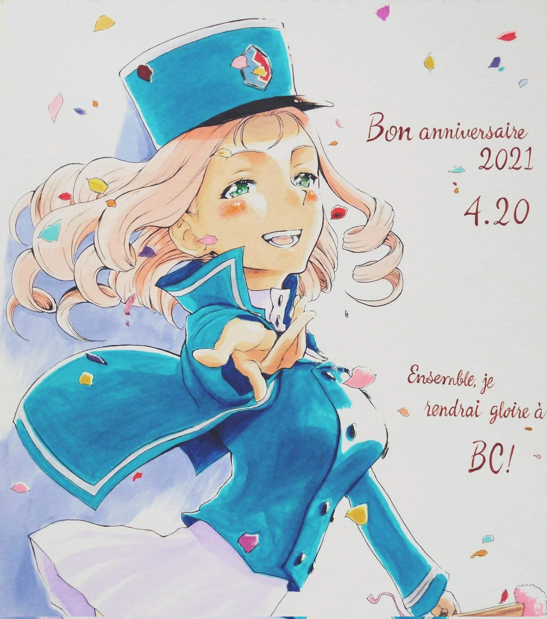 sawamin, marie (girls und panzer), girls und panzer, commentary request, highres, traditional media, translation request, 1girl, bc freedom (emblem), bc freedom military uniform, blonde pubic hair, blue coat, blue eyes, blush, breasts, buttons, coat, confetti, cowboy shot, curly hair, drill hair, emblem, folding fan, french text, from side, hand fan, hat, large breasts, shirt, skirt, smile, solo, teeth, tongue, turtleneck, white background, white shirt, white skirt