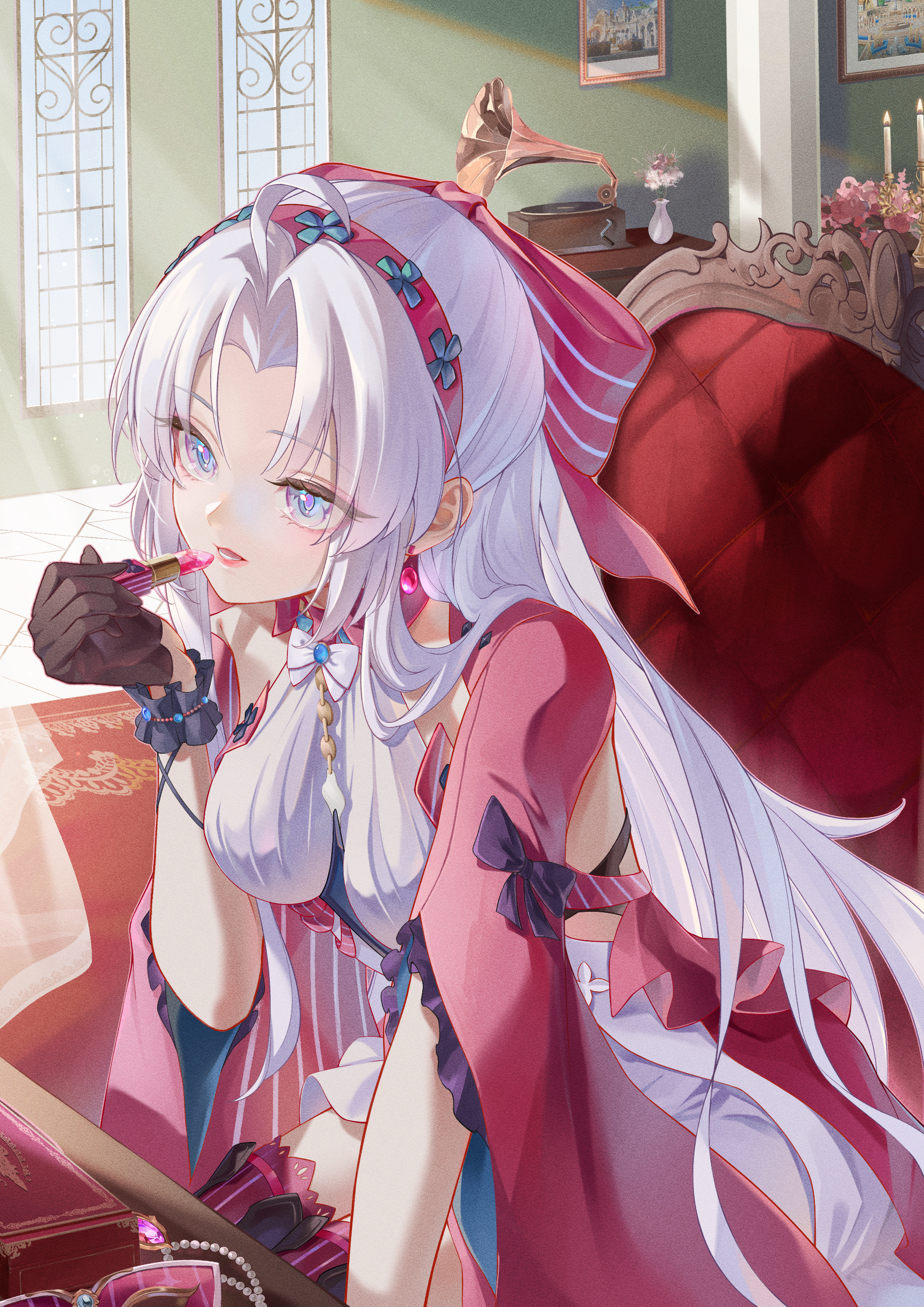 chigusa7h, carlotta (wuthering waves), wuthering waves, absurdres, commentary, highres, 1girl, ahoge, applying lipstick, applying makeup, applying own makeup, black gloves, blue eyes, bow, breasts, cosmetics, dress, earrings, eye mask, gloves, hair bow, hairband, holding, holding lipstick tube, indoors, jacket, jewelry, lipstick tube, mask, medium breasts, parted bangs, parted lips, phonograph, pink bow, pink hairband, pink jacket, pink thighhighs, sitting, solo, striped bow, thighhighs, thighs, unworn mask, white dress