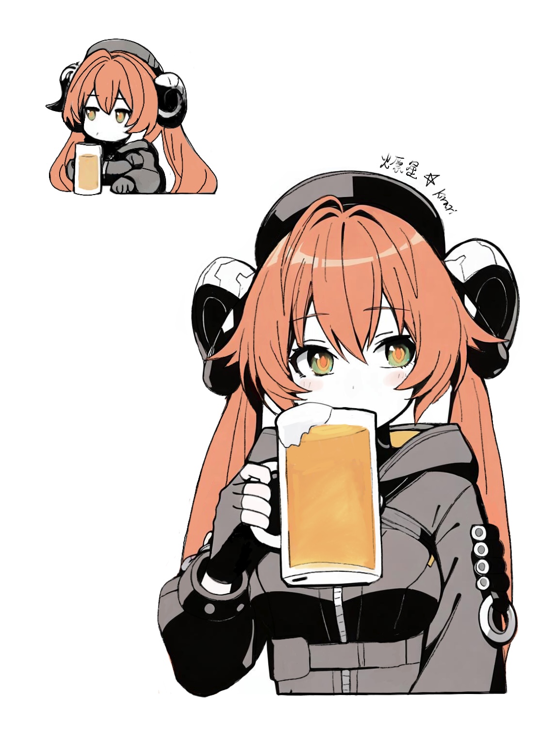 orphie magnusson, zenless zone zero, highres, 1girl, beer mug, black gloves, black hat, blush, breasts, cup, gloves, goat horns, hat, hibarakirari, horns, large breasts, mug, multiple views, orange hair, pointy ears, twintails