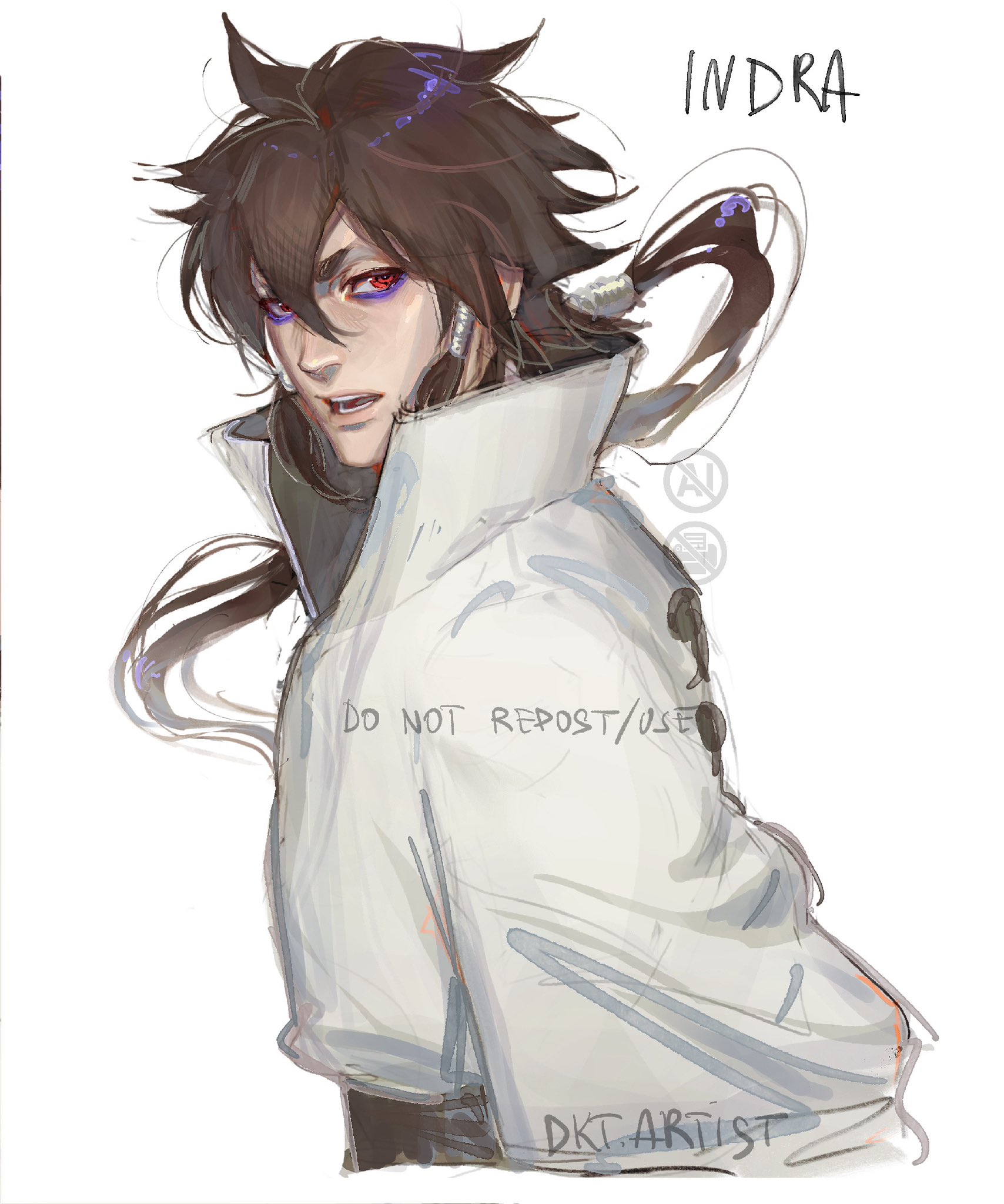 artistdkt, ootsutsuki indra, naruto (series), naruto shippuuden, highres, 1boy, artist name, brown hair, character name, lips, long hair, male focus, nose, open mouth, red eyes, simple background, solo, teeth, upper body, white background