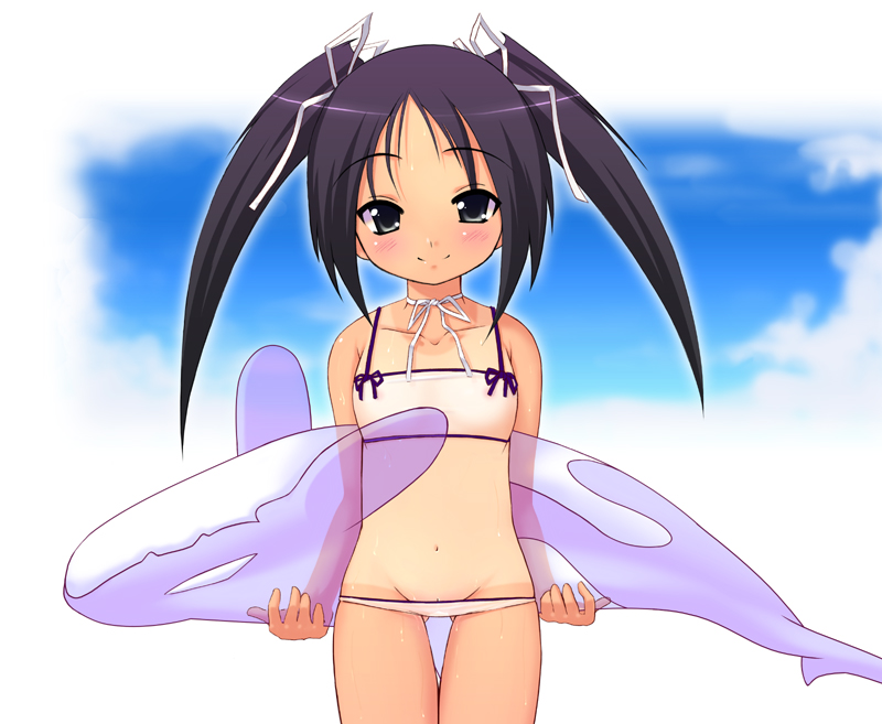 bikini, blush, loli, sky, smile, swimsuit, tan, tanline