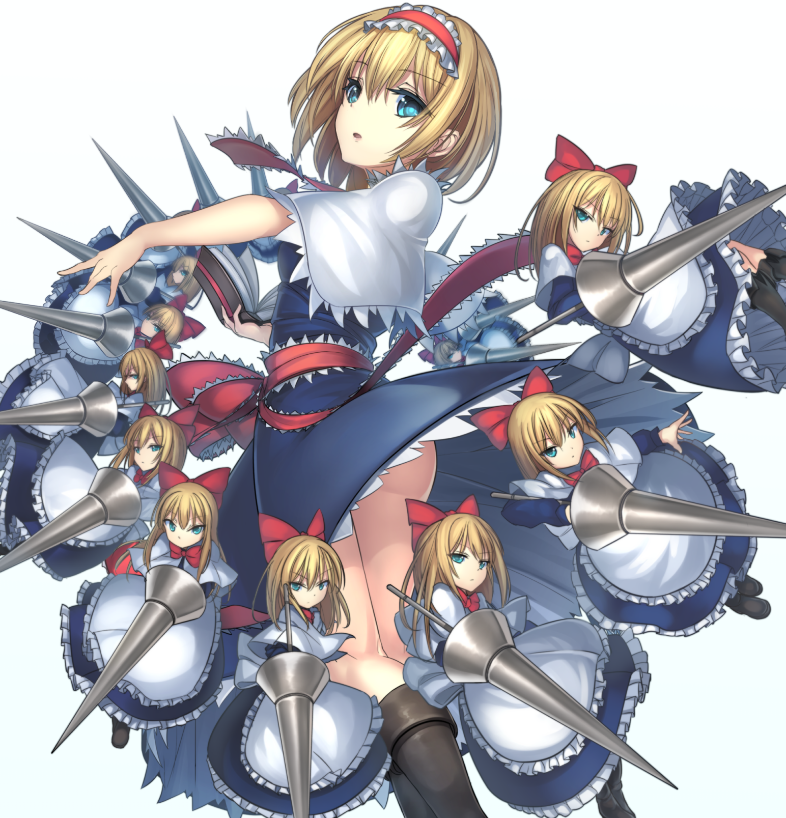 janne cherry, alice margatroid, shanghai doll, touhou, highres, 1girl, :o, black boots, blonde hair, blue dress, blue eyes, book, boots, breasts, capelet, crossed legs, dress, feet out of frame, frilled hairband, frilled necktie, frills, from behind, gradient background, grey background, grimoire of alice, hairband, holding, holding book, holding polearm, holding weapon, knee boots, lance, lolita hairband, looking at viewer, looking back, medium breasts, medium dress, necktie, open book, parted lips, polearm, red hairband, red necktie, sash, short hair, simple background, torso twist, waist sash, weapon, white background, white capelet, wind, wind lift