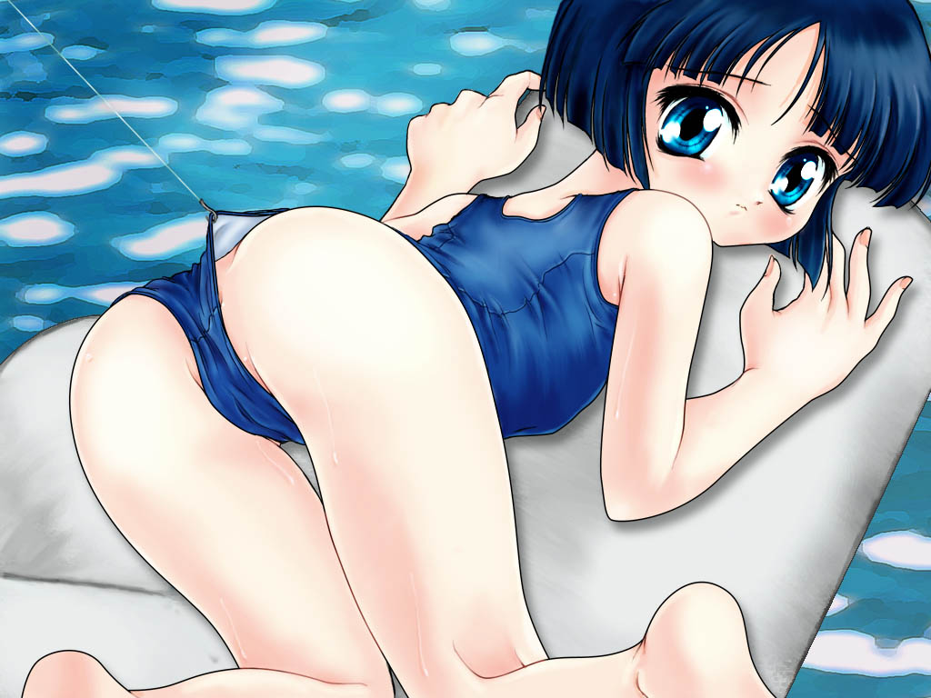 kounyan (heart quake plan), kashiwagi kaede, kizuato, 1girl, ass, barefoot, black hair, blue eyes, blue one-piece swimsuit, blue school swimsuit, blush, bob cut, embarrassed, female focus, fishing line, from behind, loli, looking at viewer, looking back, lying, one-piece swimsuit, pool, school swimsuit, short hair, solo, swimsuit, water