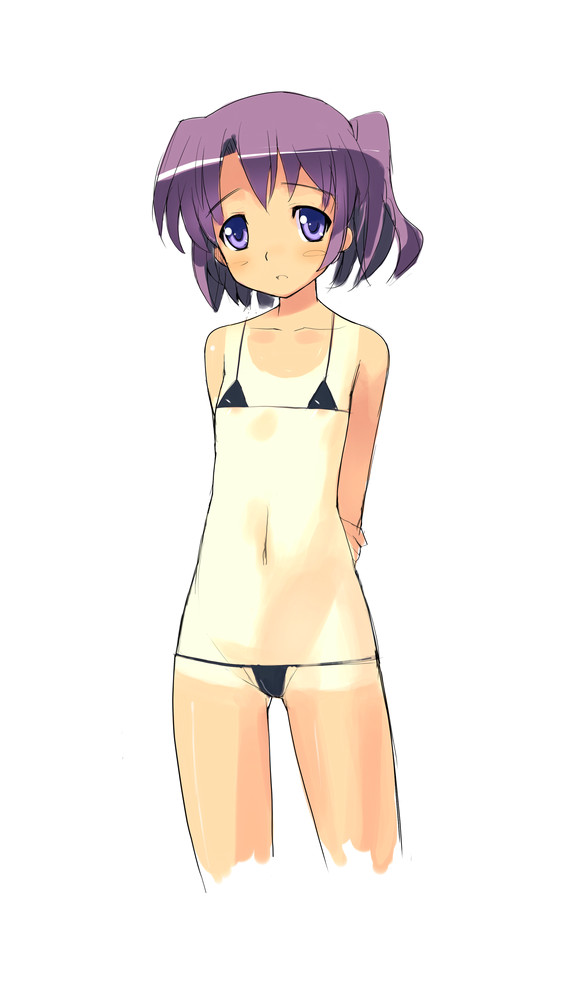 tagme, 1girl, arms behind back, bikini, cowboy shot, female focus, micro bikini, navel, purple eyes, purple hair, simple background, solo, standing, swimsuit, tan, tanline, white background