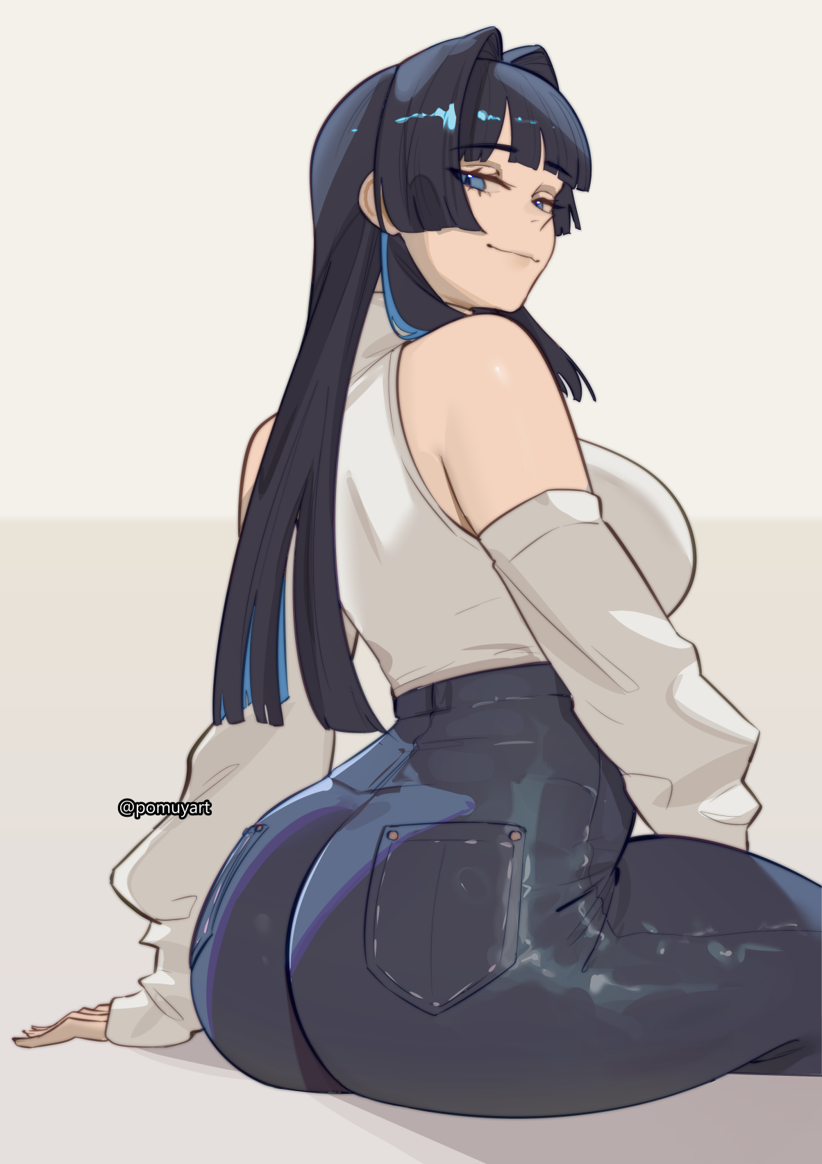 pomuya, ouro kronii, ouro kronii (casual), hololive, hololive english, highres, 1girl, ass, blue eyes, blue hair, blue pants, blunt bangs, blunt ends, breasts, closed mouth, clothing cutout, denim, detached sleeves, hair intakes, high-waist pants, hime cut, jeans, large breasts, long hair, looking at viewer, official alternate costume, official alternate hairstyle, pants, shirt, shoulder cutout, sidelocks, simple background, sitting, sleeveless, sleeveless shirt, sleeveless turtleneck, solo, turtleneck, virtual youtuber, white shirt