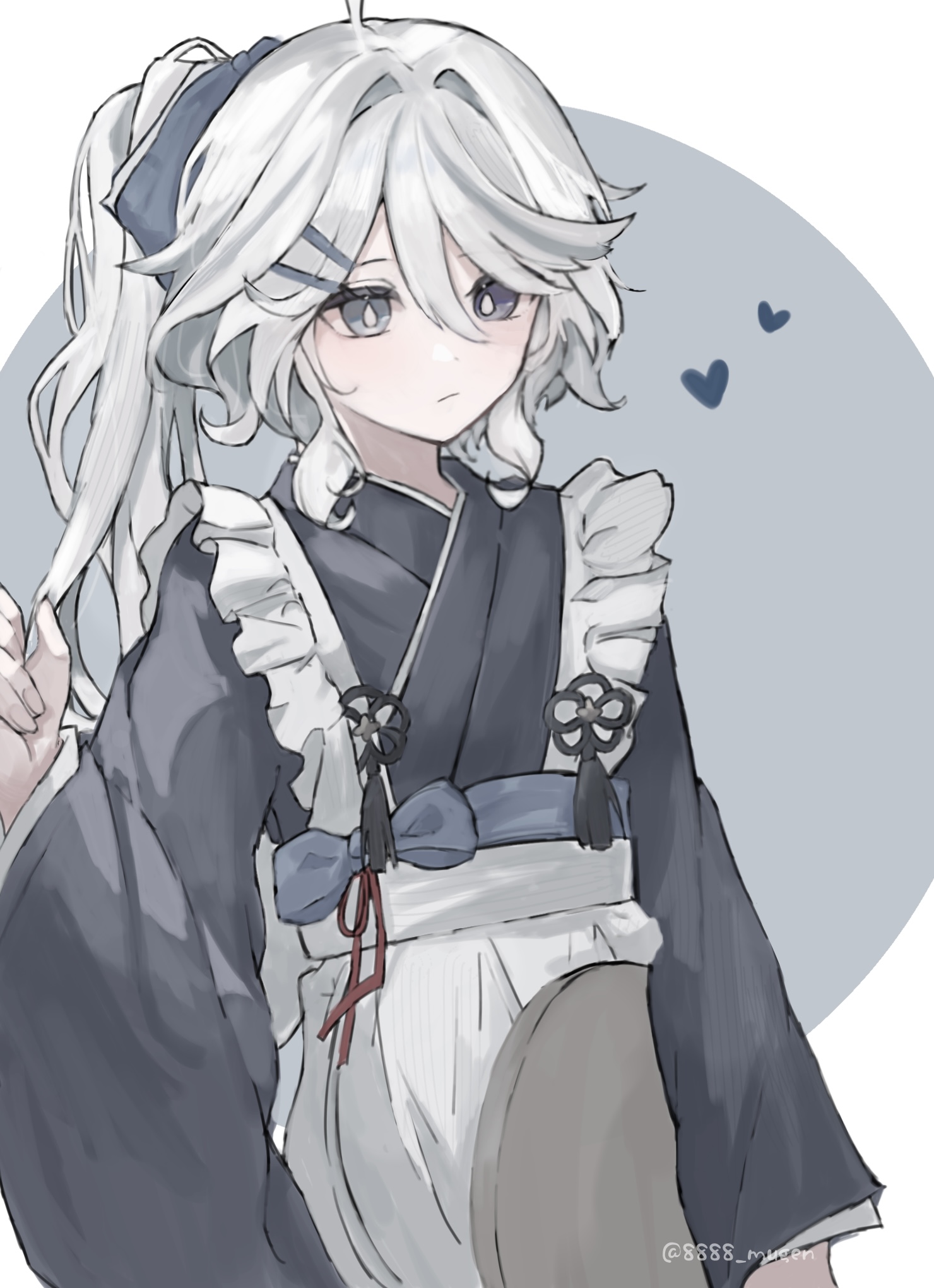 furina (genshin impact), genshin impact, highres, 1girl, alternate costume, alternate hairstyle, apron, blue eyes, blue kimono, cowlick, drop-shaped pupils, frilled apron, frills, heart, japanese clothes, kimono, maid, maid apron, nayuta (8888 mugen), ponytail, solo, symbol-shaped pupils, wa maid, white apron, white hair, wide sleeves