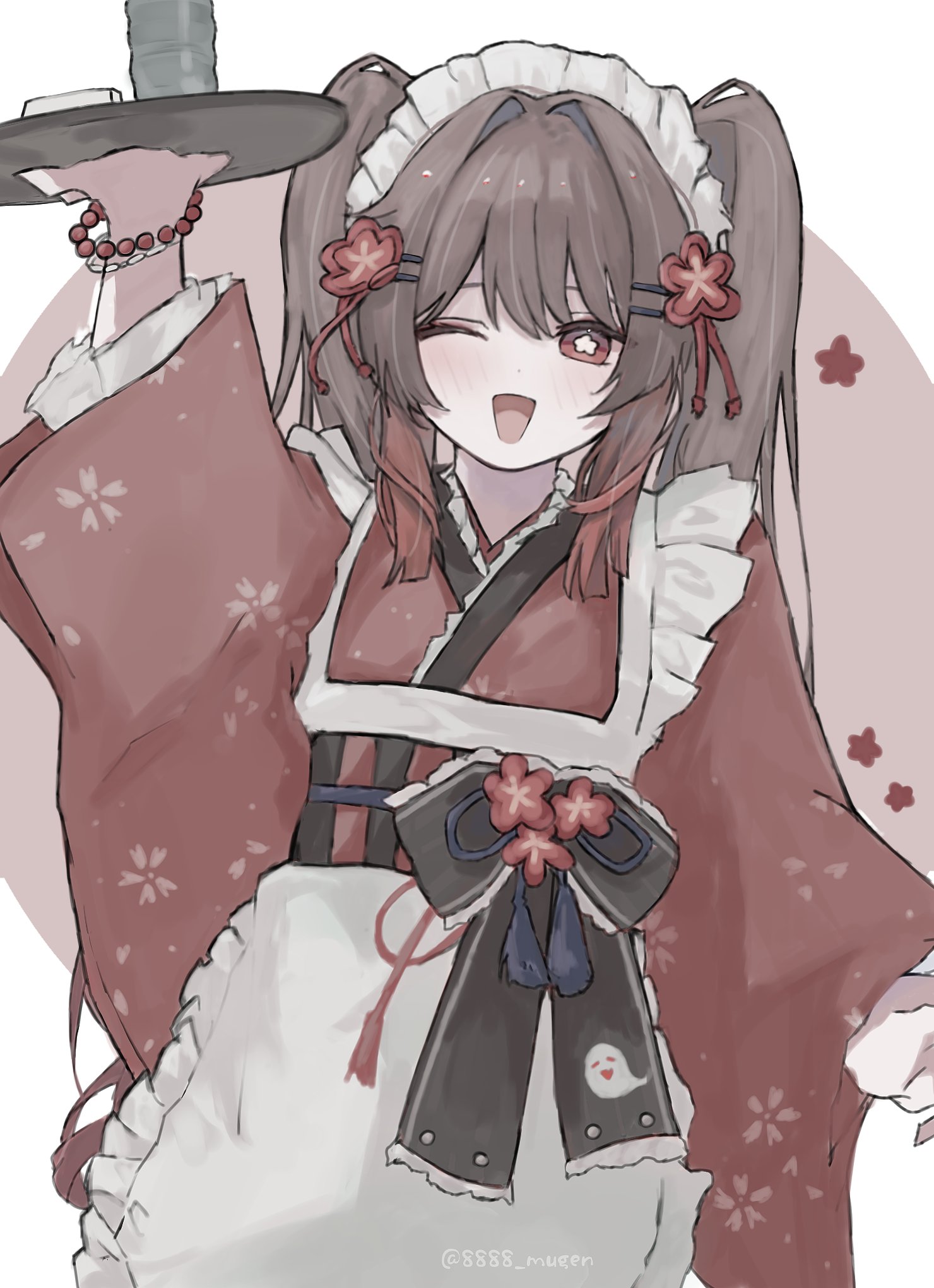 hu tao (genshin impact), genshin impact, highres, 1girl, alternate costume, apron, brown hair, flower, flower-shaped pupils, frilled apron, frills, hair between eyes, holding, holding tray, japanese clothes, kimono, long hair, maid, maid apron, maid headdress, nayuta (8888 mugen), one eye closed, open mouth, plum blossoms, red eyes, red kimono, smile, solo, symbol-shaped pupils, tray, twintails, wa maid, white apron