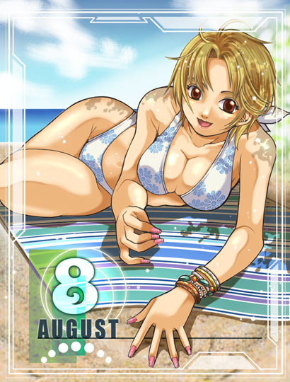 1girl, beach, bikini, blonde hair, breasts, brown eyes, cleavage, female focus, jewelry, lying, nail polish, short hair, solo, swimsuit, towel