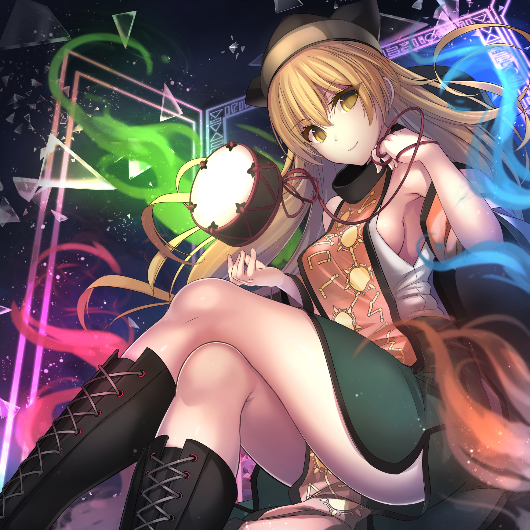janne cherry, matara okina, touhou, commentary request, highres, 1girl, armpits, ass, aura, bare shoulders, black boots, black hat, blonde hair, boots, breasts, closed mouth, crossed legs, detached sleeves, drum, feet out of frame, glass shards, green skirt, hair between eyes, hand up, hat, head tilt, instrument, lace-up boots, light particles, long hair, long sleeves, looking at viewer, low-cut armhole, medium breasts, orange sleeves, shirt, sideboob, sitting, skirt, smile, solo, tabard, thighs, very long hair, white shirt, wide sleeves, yellow eyes