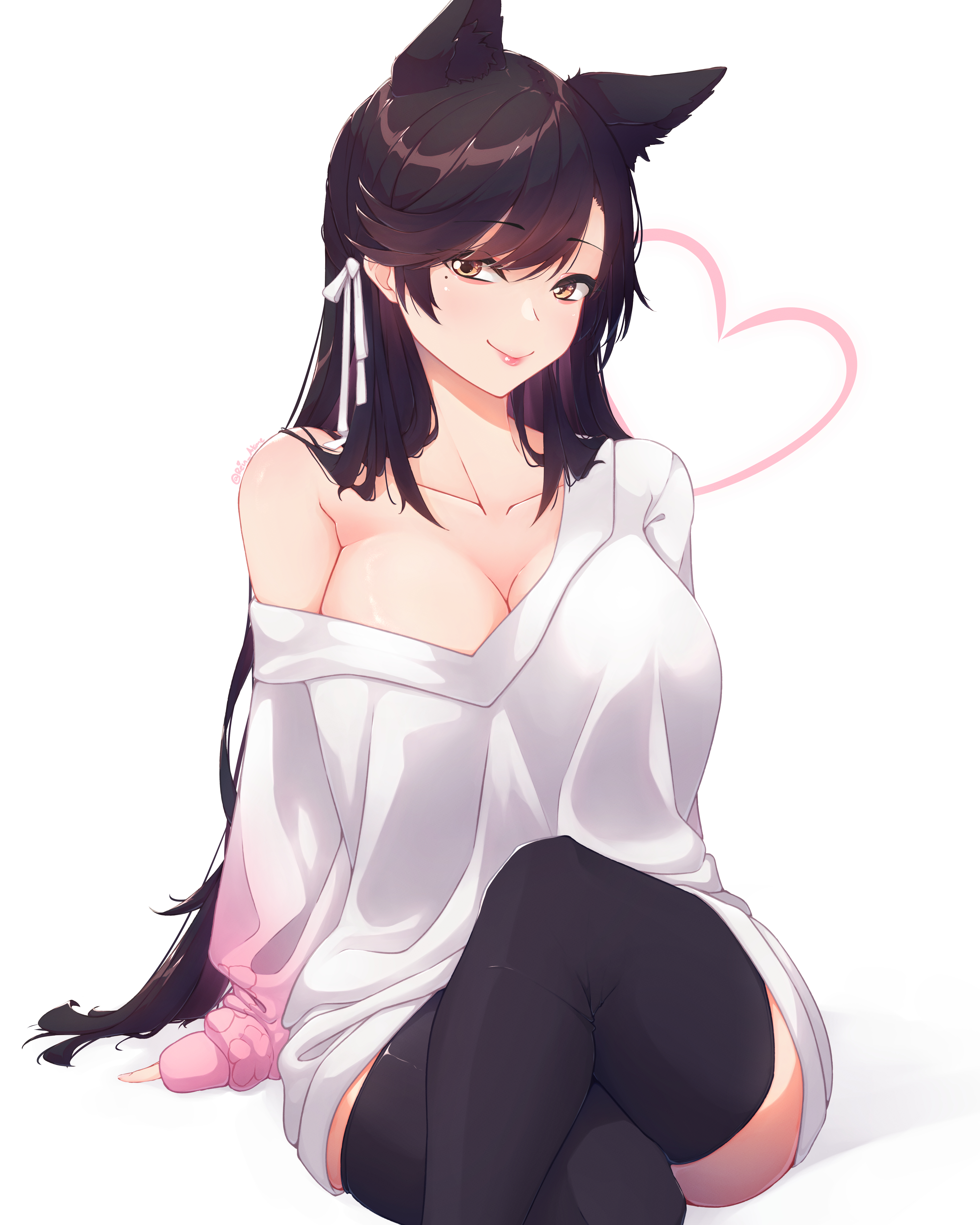 rein akane, atago (azur lane), azur lane, absurdres, highres, alternate costume, animal ears, black hair, black thighhighs, breasts, brown eyes, crossed legs, large breasts, long hair, off-shoulder sweater, off shoulder, ribbon, sitting, sweater, thighhighs, very long hair, white ribbon, white sweater