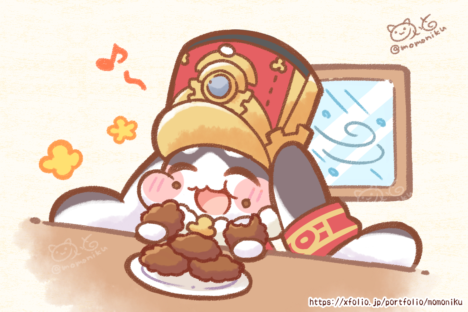 momoniku (taretare-13), pom-pom (honkai: star rail), honkai: star rail, honkai (series), commentary request, food request, :d, ^ ^, blush stickers, closed eyes, eating, eighth note, facing viewer, food, food on face, hat, holding, holding food, musical note, no humans, open mouth, red hat, shako cap, smile, solo, twitter username, watermark, web address