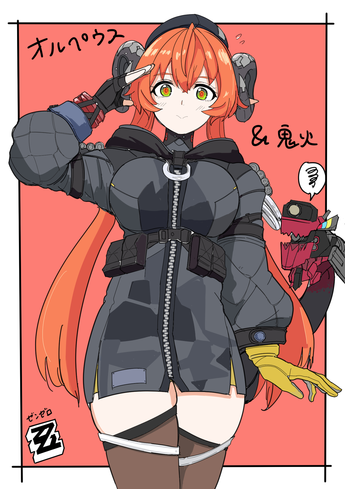 miya zirou, magus (zenless zone zero), orphie magnusson, zenless zone zero, commentary request, highres, 1girl, asymmetrical gloves, black gloves, black hat, black hoodie, black thighhighs, cowboy shot, dragon girl, dragon horns, dragon tail, fingerless gloves, gloves, hair between eyes, hat, hood, hoodie, horns, long hair, looking at viewer, mechanical tail, mismatched gloves, orange hair, orange pupils, salute, smile, tail, thighhighs, twintails, yellow gloves, zettai ryouiki