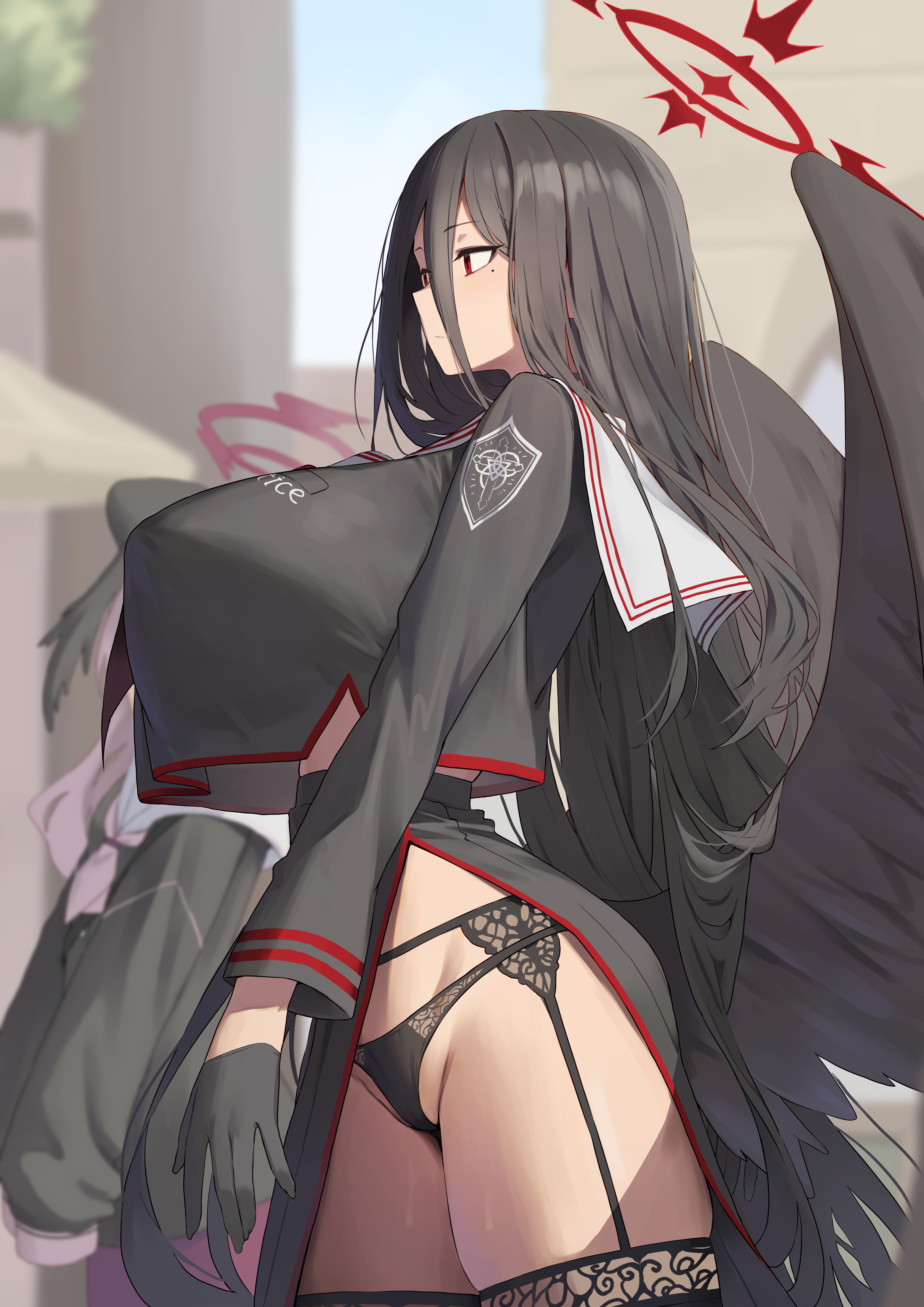 karadborg, hasumi (blue archive), koharu (blue archive), blue archive, absurdres, commentary, highres, 2girls, black gloves, black hair, black panties, black serafuku, black shirt, black skirt, black wings, blurry, blurry background, breasts, closed eyes, crop top, crop top overhang, feathered wings, from side, gloves, hair between eyes, halo, huge breasts, long hair, long hair between eyes, low wings, mole, mole under eye, multiple girls, oversized wings, panties, red eyes, red halo, school uniform, serafuku, shirt, side slit, skindentation, skirt, solo focus, thighs, underwear, very long hair, wings
