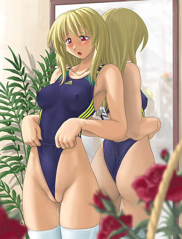 nyanko batake, high cut kingdom, 1girl, ass, blonde hair, blush, breasts, cameltoe, cleft of venus, dripping, female focus, flower, frontal wedgie, indoors, mirror, nipples, plant, pussy, pussy juice, red eyes, self wedgie, solo, swimsuit, uncensored, wedgie
