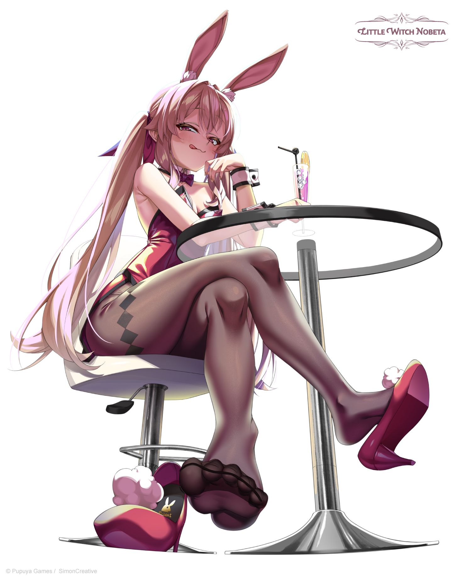 nobeta, nobeta (bunny skin), little witch nobeta, highres, official art, 1girl, animal ears, bare arms, bare back, bare shoulders, breasts, chair, copyright name, copyright notice, crossed legs, cup, drink, drinking glass, fake animal ears, feet, from below, full body, half-closed eyes, high heels, legs, leotard, logo, long hair, official alternate costume, on chair, pantyhose, playboy bunny, rabbit ears, red eyes, red leotard, see-through pantyhose, shoes, simple background, sitting, small breasts, solo, swivel chair, table, thighs, tongue, tongue out, very long hair, white background, white wrist cuffs, wrist cuffs