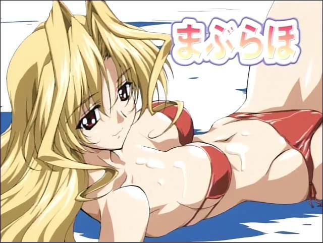 kazetsubaki kuriko, maburaho, tagme, 00s, bikini, side-tie bikini bottom, swimsuit