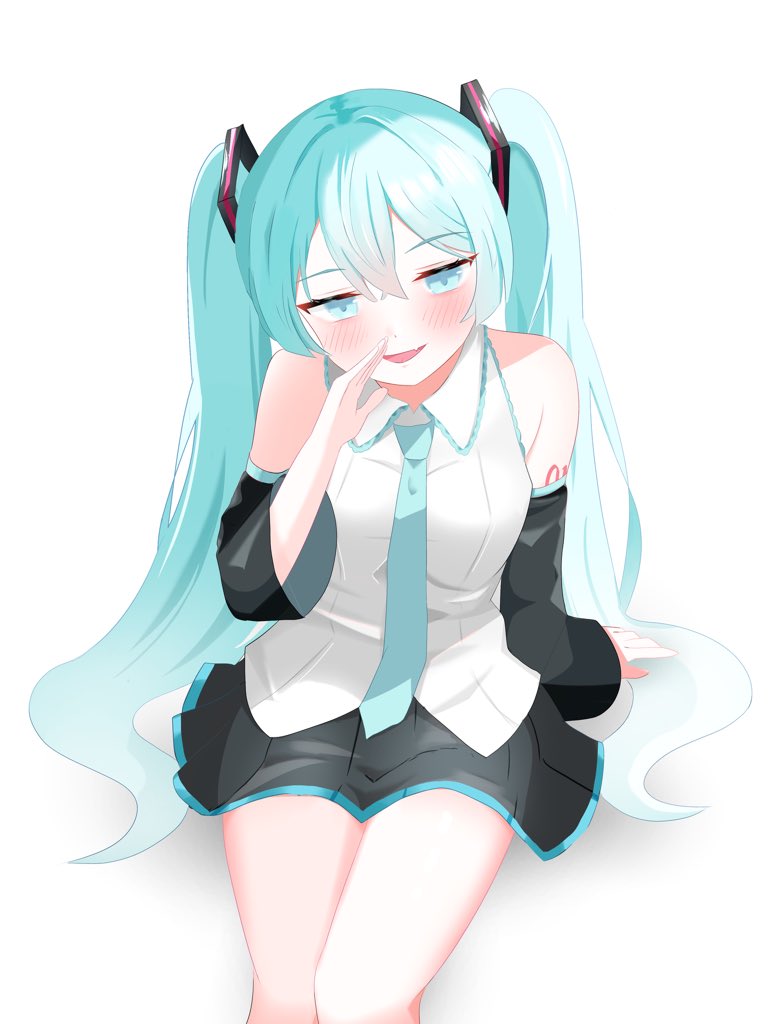 y vdo, hatsune miku, vocaloid, commentary, 1girl, aqua eyes, aqua hair, aqua necktie, aqua trim, arm support, arm tattoo, bare shoulders, black skirt, black sleeves, blush, breasts, collared shirt, cowboy shot, crossed bangs, detached sleeves, dot nose, fang, hair between eyes, hair ornament, half-closed eyes, hand up, long hair, long sleeves, looking at viewer, medium breasts, miniskirt, necktie, number tattoo, open mouth, pleated skirt, shirt, sidelocks, simple background, sitting, skin fang, skirt, sleeveless, sleeveless shirt, smile, solo, tattoo, twintails, untucked shirt, very long hair, whispering, white background, white shirt, wide sleeves