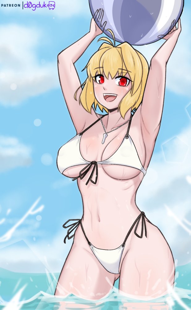 d0gduk, arcueid brunestud, tsukihime, tsukihime (remake), 1girl, ahoge, ball, beachball, bikini, blonde hair, blue sky, blush, breasts, cloud, cloudy sky, curvy, day, floating hair, huge breasts, jewelry, large breasts, looking at viewer, necklace, ocean, red eyes, short hair, sky, smile, swimsuit, white bikini, wide hips