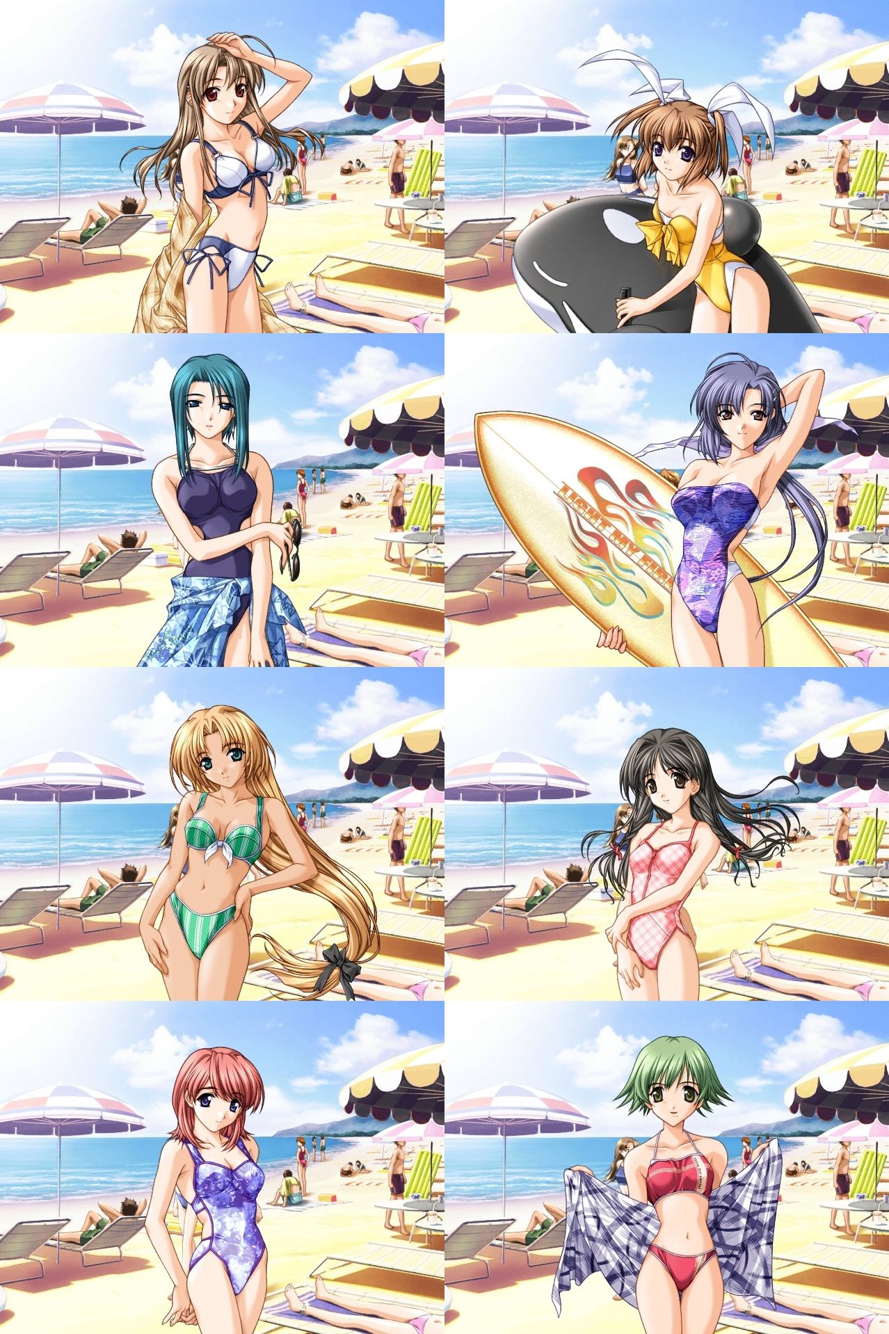 highres, tagme, 6+girls, beach, bikini, breasts, cloud, cowboy shot, female focus, multiple girls, navel, ocean, outdoors, sky, standing, swimsuit