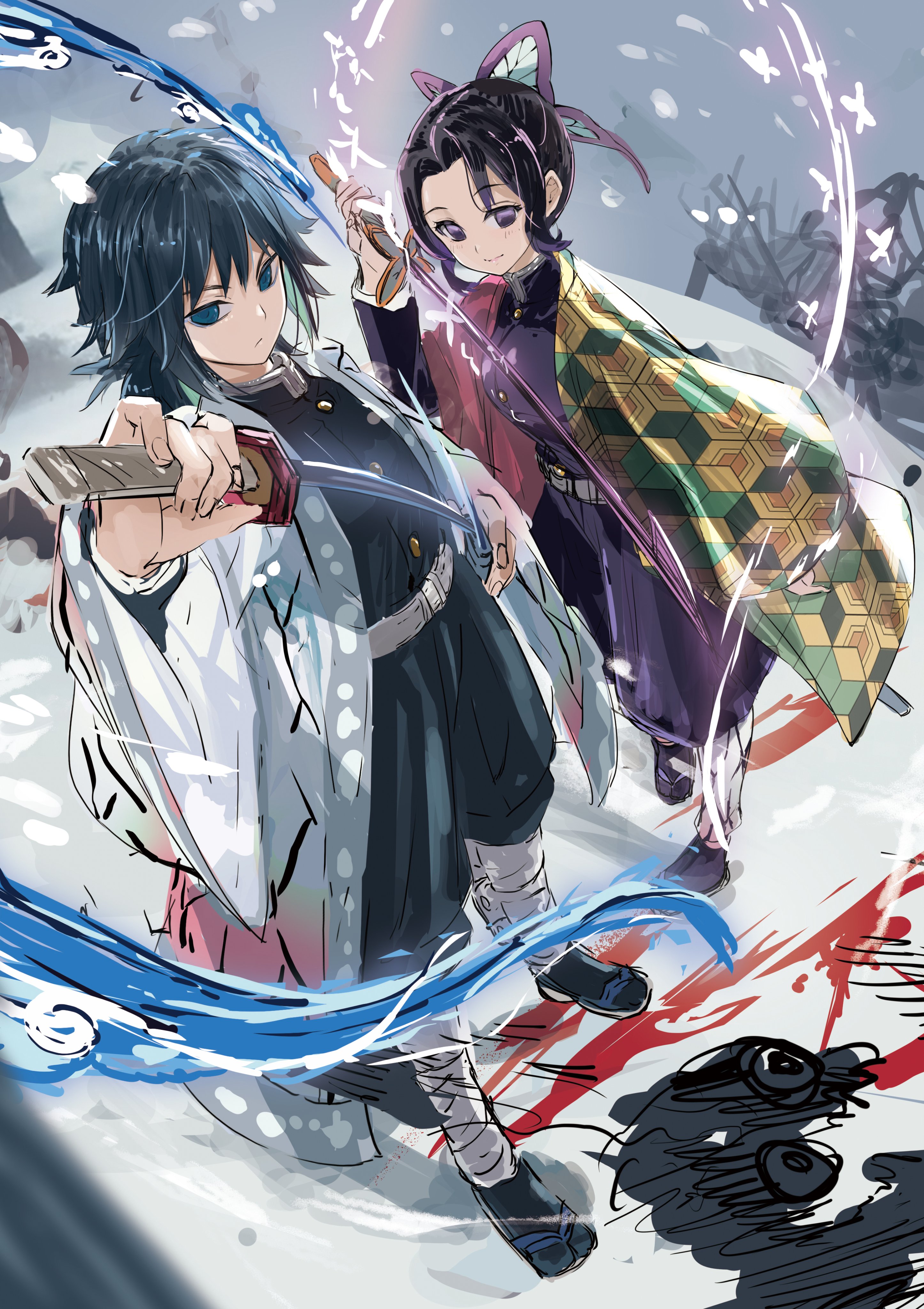 l.f., kochou shinobu, tomioka giyuu, kimetsu no yaiba, absurdres, highres, 1boy, 1girl, belt, black hair, black jacket, black socks, blue eyes, breasts, bug, butterfly, butterfly hair ornament, buttons, closed mouth, cosplay, costume switch, demon slayer uniform, gold buttons, hair between eyes, hair ornament, haori, high collar, holding, holding sword, holding weapon, insect, jacket, japanese clothes, katana, kikkoumon, looking at viewer, low ponytail, outdoors, ponytail, print haori, purple eyes, red haori, sandals, smile, snow, socks, spiked hair, standing, sword, water, weapon, white belt, white haori