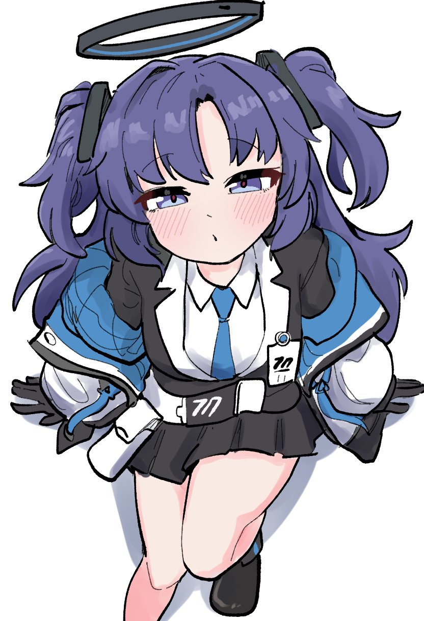 mago cats, yuuka (blue archive), blue archive, highres, 1girl, black gloves, blue eyes, blue hair, blush, gloves, half-closed eyes, halo, imminent kiss, looking at viewer, millennium science school logo, necktie, sitting, skirt, thighs, white background