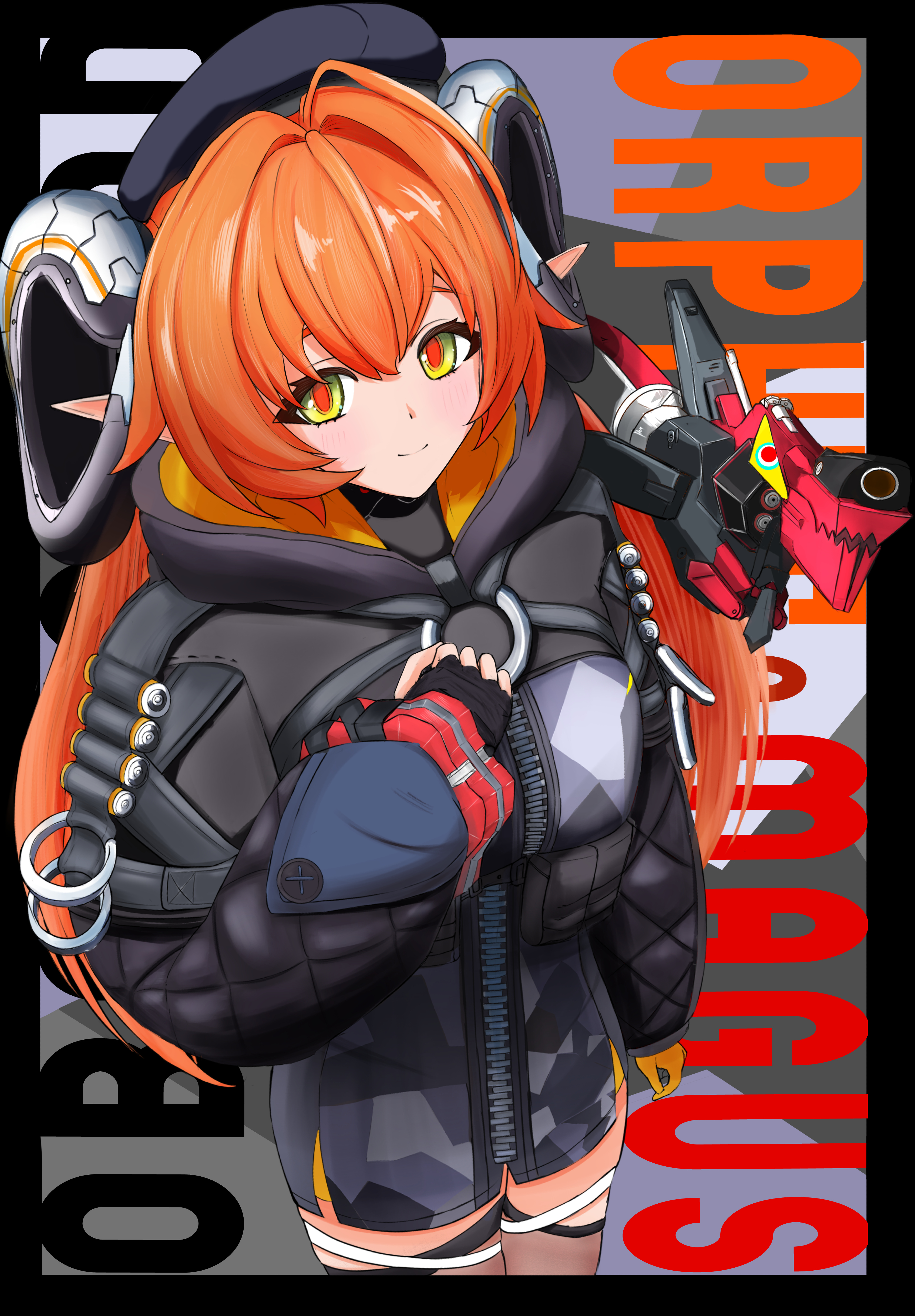 magus (zenless zone zero), orphie magnusson, zenless zone zero, absurdres, highres, 2girls, black gloves, black hat, black shrug, blush, breasts, eania s, gloves, goat horns, green eyes, hat, horns, large breasts, looking at viewer, multiple girls, orange hair, pointy ears, shrug (clothing), tail, twintails, yellow gloves