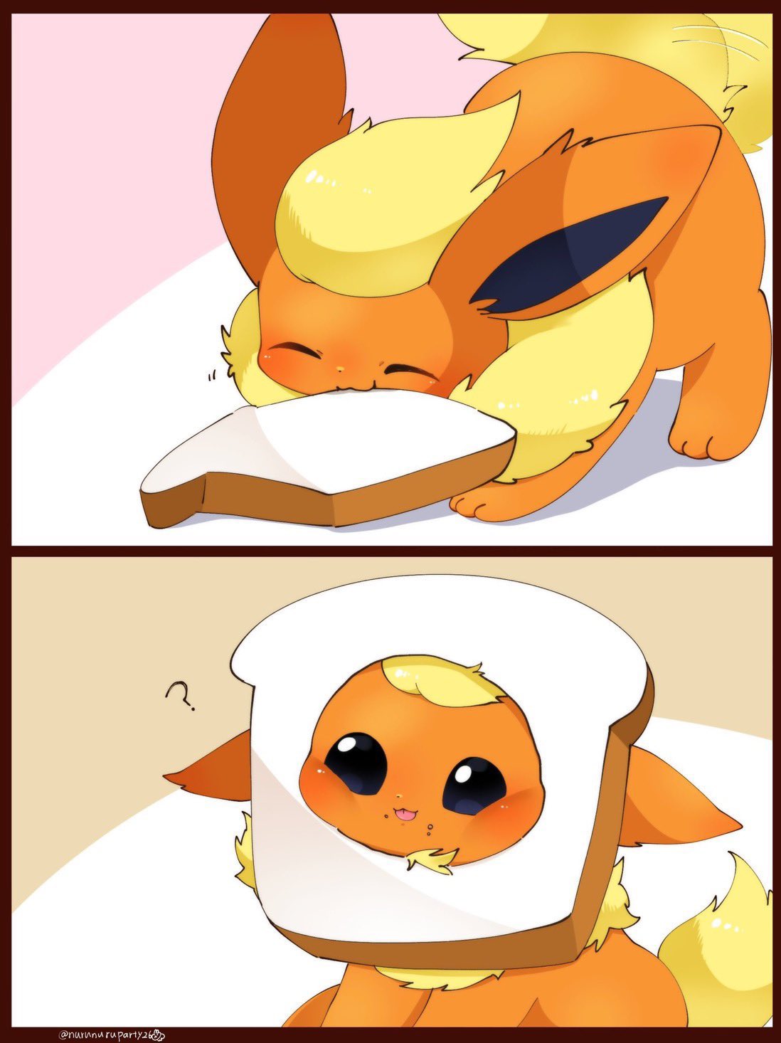 pon (nurunuruparty26), flareon, nintendo, pokemon, commentary, highres, symbol-only commentary, ?, blush, bread, bread slice, closed eyes, food, gen 1 pokemon, mouth hold, no humans, pokemon (creature), pokemon focus, smile, tail, tail wagging, tongue, tongue out