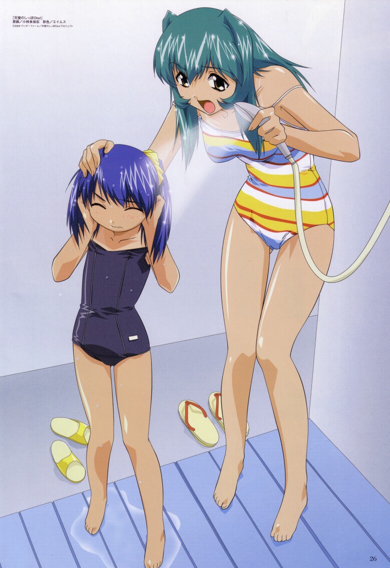 kobayashi takashi, inko no tsubasa, inu no nana, tenshi no shippo, official art, 2girls, age difference, aqua hair, barefoot, bath, black one-piece swimsuit, black school swimsuit, blue hair, blush, breasts, brown eyes, closed eyes, collarbone, flip-flops, hand on another's head, holding, leaning forward, long hair, medium breasts, multiple girls, one-piece swimsuit, open mouth, puddle, sandals, school swimsuit, scrunchie, shower head, showering, standing, strap slip, striped clothes, striped one-piece swimsuit, swimsuit, twintails, unworn sandals, wet, white one-piece swimsuit