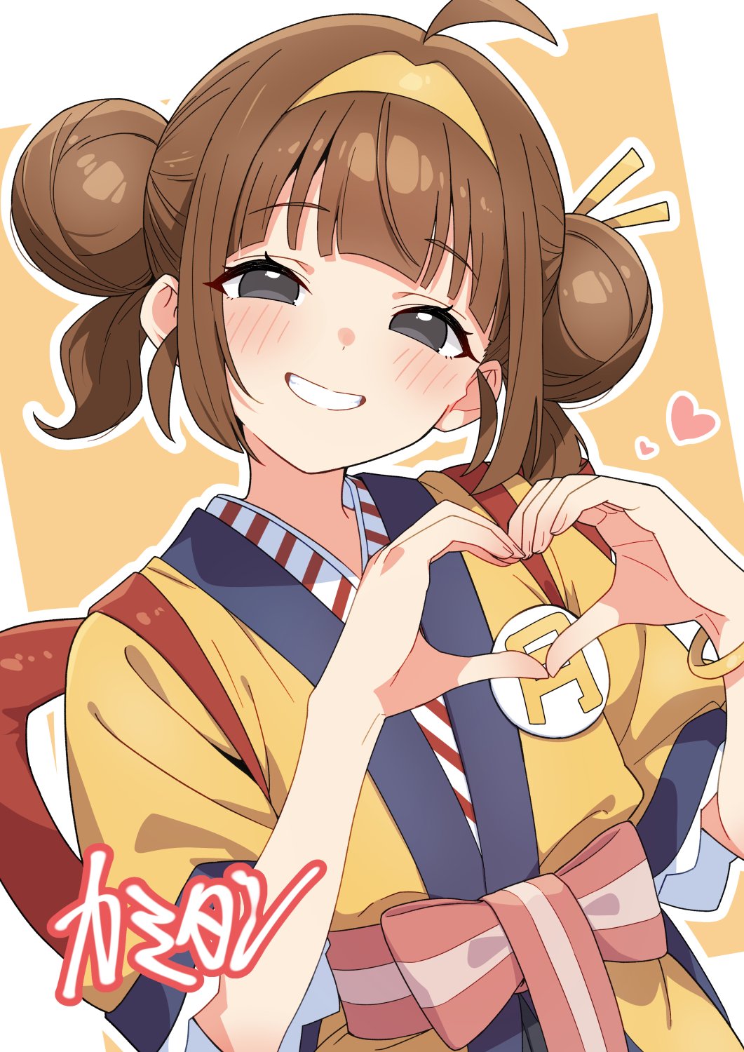 kamidan, imadake dabuchi tabemi, mcdonald's, commentary request, highres, 1girl, ahoge, badge, black eyes, blush, brown hair, button badge, double bun, grin, hair bun, hairband, head tilt, heart, heart hands, japanese clothes, kimono, looking at viewer, pink sash, sash, simple background, smile, solo, upper body, yellow hairband, yellow kimono