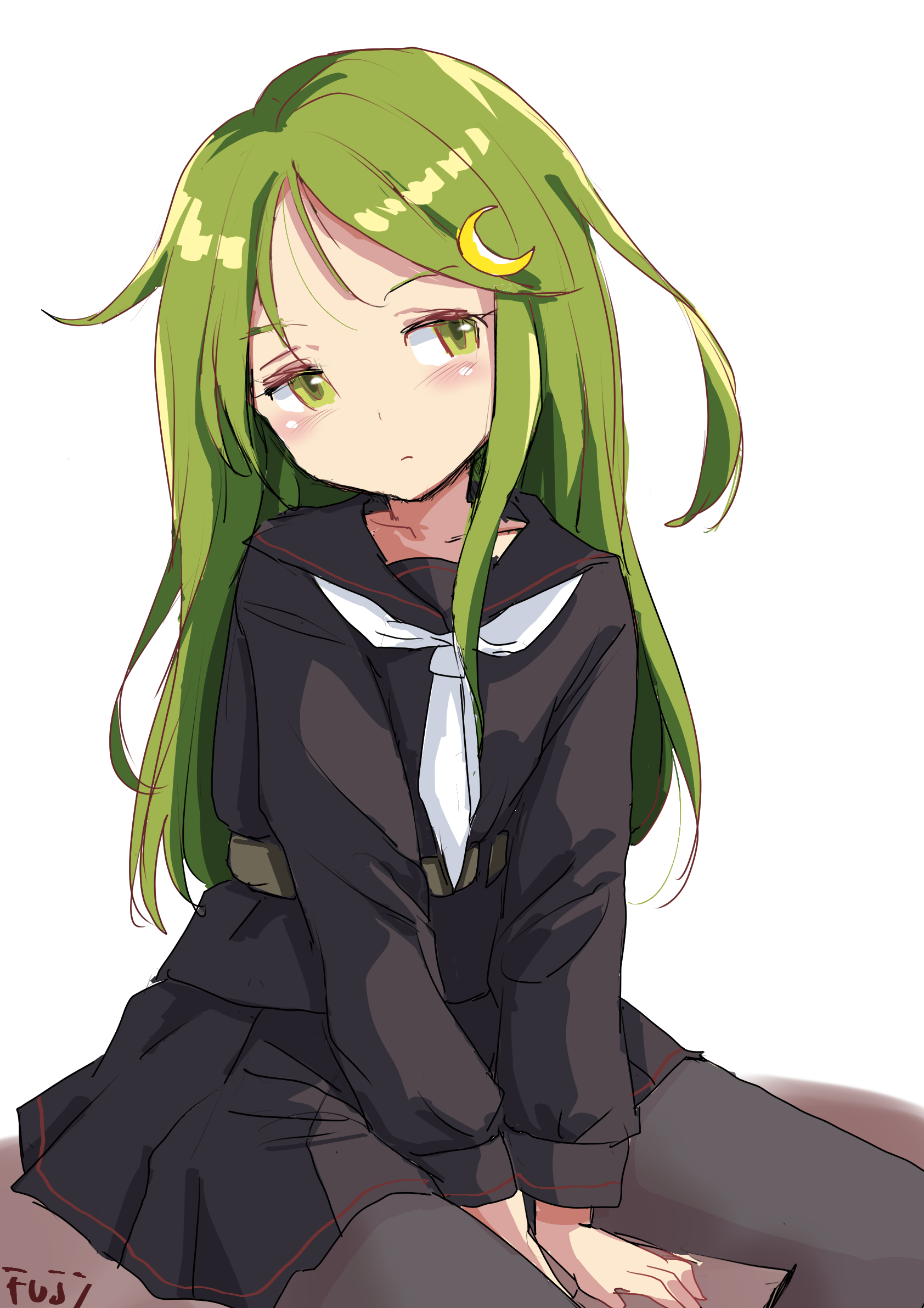 fuji (pixiv24804665), nagatsuki (kancolle), kantai collection, commentary, highres, 1girl, black pantyhose, black sailor collar, black serafuku, black skirt, crescent, crescent hair ornament, green eyes, green hair, hair ornament, long hair, pantyhose, sailor collar, school uniform, serafuku, simple background, skirt, solo, white background