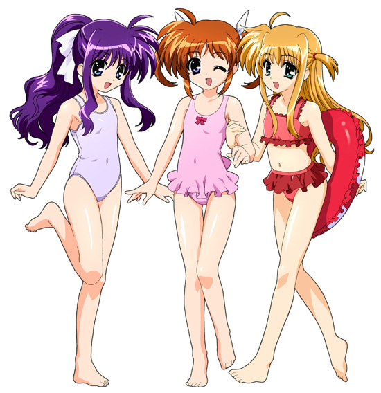 arisa bunnings, takamachi nanoha, tsukimura suzuka, lyrical nanoha, mahou shoujo lyrical nanoha, official art, 00s, 3girls, barefoot, bikini, bikini skirt, blonde hair, blue eyes, brown hair, collarbone, flat chest, hair ribbon, holding, innertube, long hair, looking at viewer, multiple girls, navel, one-piece swimsuit, one eye closed, open mouth, pink one-piece swimsuit, ponytail, purple hair, purple one-piece swimsuit, red bikini, ribbon, short hair, smile, standing, swim ring, swimsuit, twintails, white background, wink