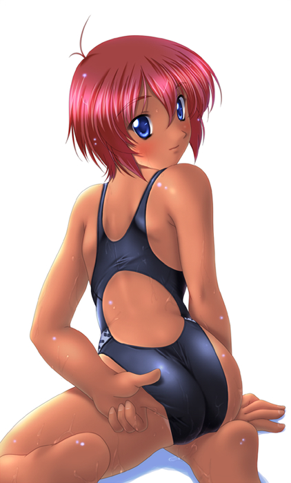 ishii akira, 1girl, adjusting clothes, adjusting swimsuit, ass, back, blue eyes, blush, competition swimsuit, female focus, from behind, kneeling, looking back, one-piece swimsuit, one-piece tan, red hair, short hair, solo, swimsuit, tan, tanline