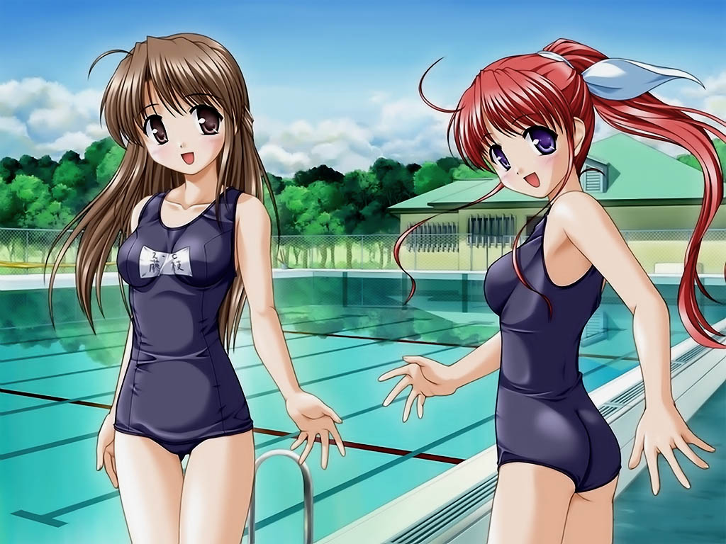 bekkankou, amagasaki mikoto, fujieda honami, tsuki wa higashi ni hi wa nishi ni, 2girls, ahoge, ass, black one-piece swimsuit, black school swimsuit, blush, breasts, brown eyes, brown hair, cloud, collarbone, from behind, hair ribbon, long hair, looking at viewer, looking back, medium breasts, multiple girls, name tag, one-piece swimsuit, open mouth, ponytail, pool, purple eyes, red hair, ribbon, school swimsuit, sky, smile, swimsuit, tree, water, white ribbon