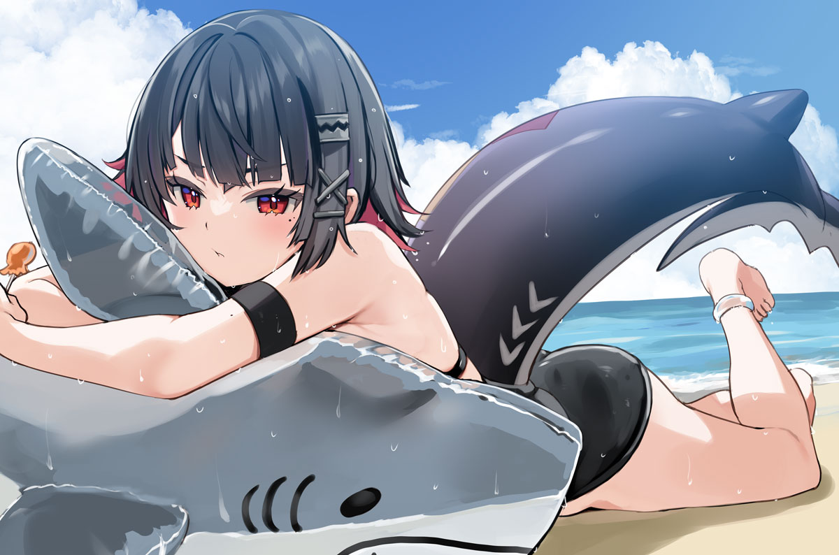 natsume eri, ellen joe, zenless zone zero, commentary request, 1girl, :t, bare shoulders, barefoot, beach, bikini, black bikini, black hair, blue sky, closed mouth, cloud, cloudy sky, dress, fins, fish tail, hair ornament, hairclip, holding, horizon, inflatable shark, inflatable toy, leg up, looking at viewer, lying, multicolored hair, ocean, on stomach, outdoors, red eyes, red hair, sand, shark tail, sky, solo, swimsuit, tail, two-tone hair, water, x hair ornament