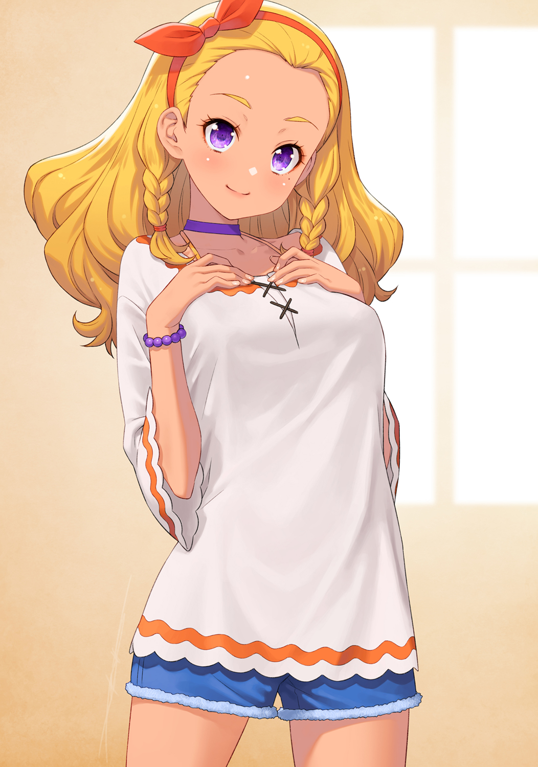 kazuma muramasa, amamiya elena, precure, star twinkle precure, highres, 1girl, blonde hair, blue shorts, blush, bow, bracelet, braid, choker, collarbone, cowboy shot, cutoffs, dark-skinned female, dark skin, forehead, hair bow, hairband, hands on own chest, jewelry, looking at viewer, mole, mole under eye, purple choker, purple eyes, red bow, red hairband, shirt, shorts, smile, solo, twin braids, untucked shirt, wavy hair, window shadow