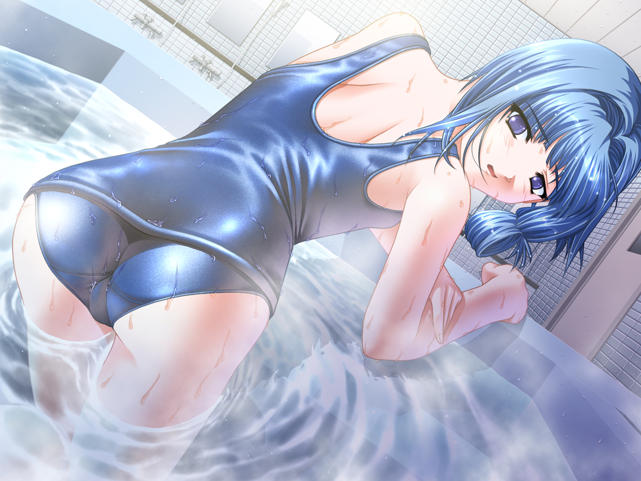 hiiro yuki, sena shiori, yuuguu settai, game cg, 00s, 1girl, ass, back, blue eyes, blue hair, female focus, from behind, hair intakes, kneeling, leaning forward, looking back, matching hair/eyes, one-piece swimsuit, open mouth, school swimsuit, shadow, shiny clothes, short hair, solo, swimsuit, trefoil, wading, water, wet