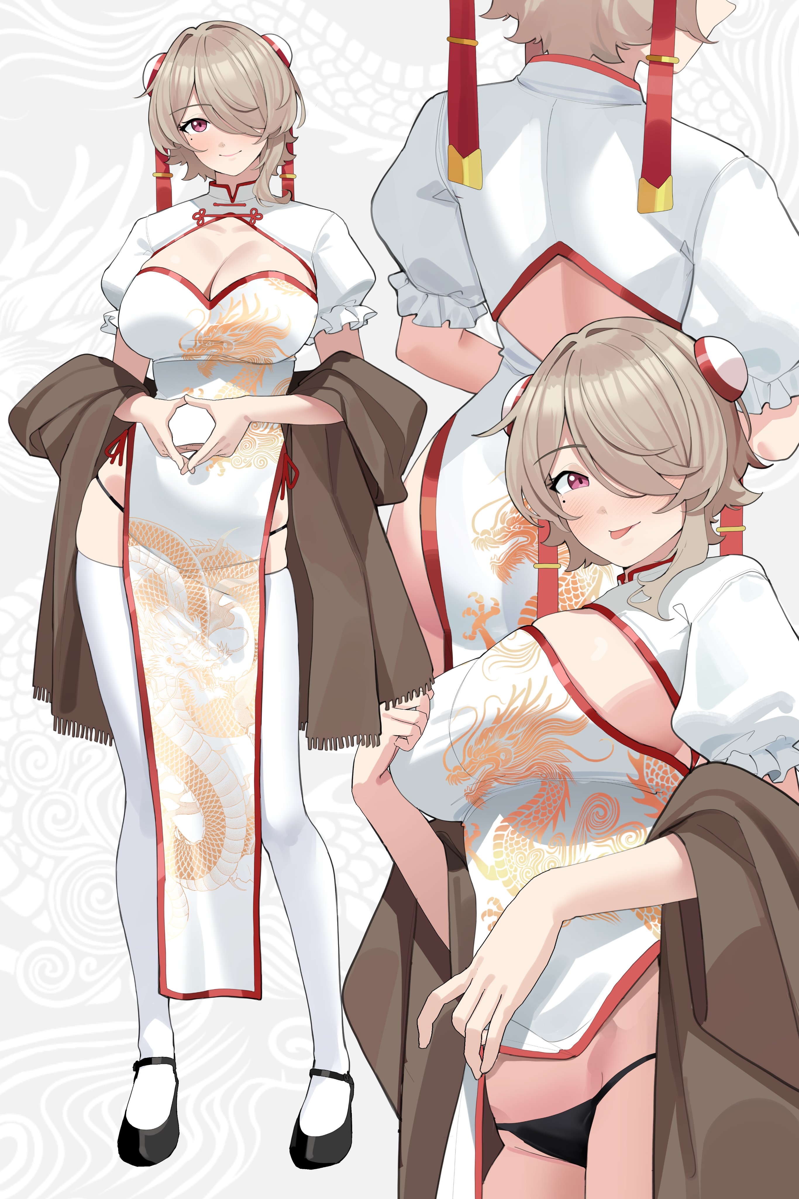 haerge, rita rossweisse, honkai (series), honkai impact 3rd, absurdres, commentary, highres, 1girl, :p, black panties, black shoes, breasts, brown hair, china dress, chinese clothes, cleavage, closed mouth, clothes lift, dragon print, dress, dress lift, hair over one eye, large breasts, looking at viewer, mole, mole under eye, multiple views, panties, purple eyes, shoes, smile, thighhighs, tongue, tongue out, underwear, white dress, white thighhighs