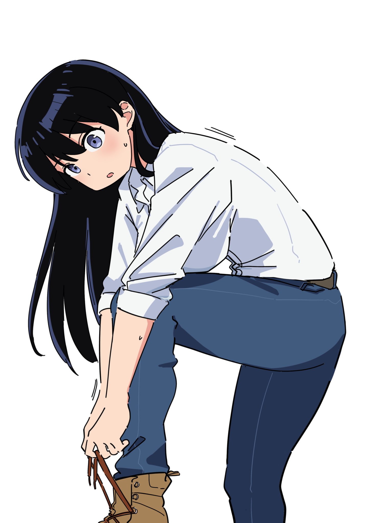 yihisuteri22185, arato nagi, ruri no houseki, highres, 1girl, belt, black hair, blue eyes, blush, collared shirt, denim, jeans, long hair, long sleeves, open mouth, pants, shirt, solo, white shirt