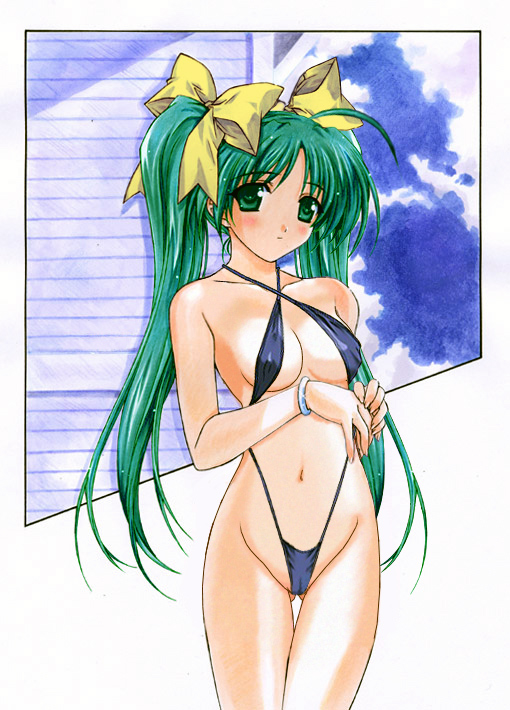hasumi elan, itou noemi, with you, 1girl, black one-piece swimsuit, blush, bracelet, breasts, cloud, collarbone, green eyes, green hair, jewelry, long hair, looking at viewer, medium breasts, navel, one-piece swimsuit, sky, slingshot swimsuit, standing, swimsuit, twintails