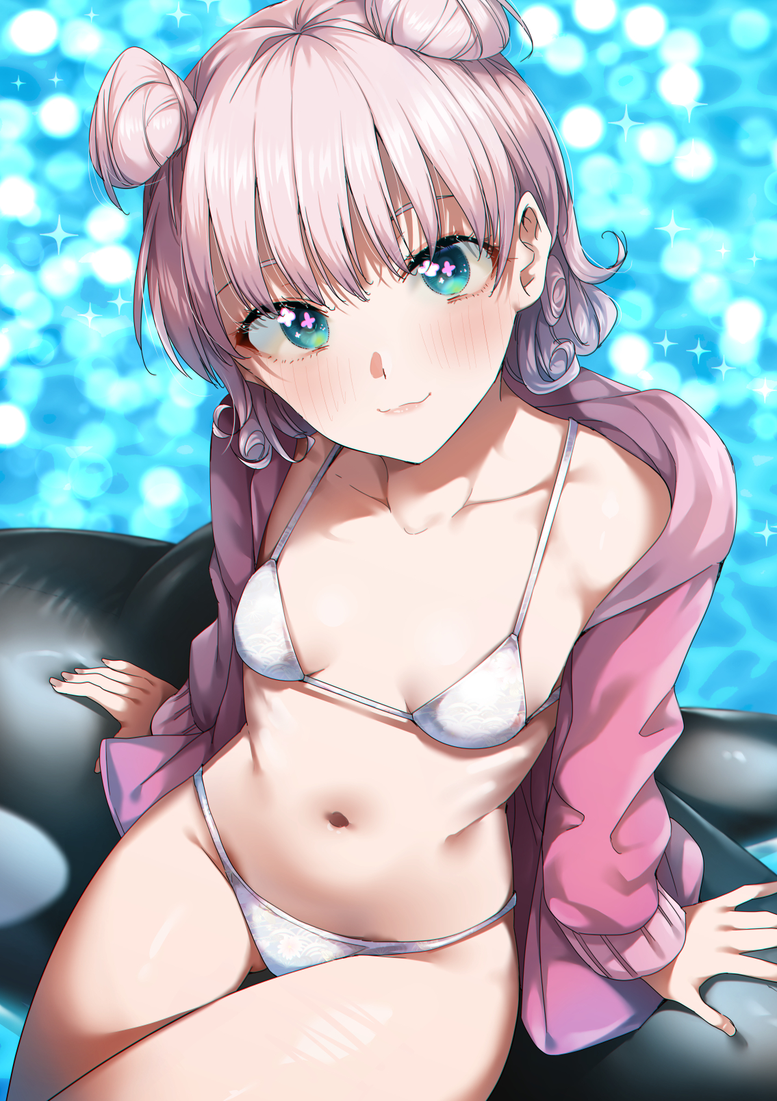 ryouma (galley), commentary request, highres, 1girl, arm support, bikini, blue background, breasts, closed mouth, collarbone, cowboy shot, double bun, green eyes, hair bun, harutsubaki (hanamiko), inflatable orca, inflatable toy, jacket, long sleeves, looking at viewer, navel, open clothes, open jacket, orange hair, pink jacket, pink pupils, sakigake no hanamiko, short hair, sitting, small breasts, smile, solo, swimsuit, white bikini